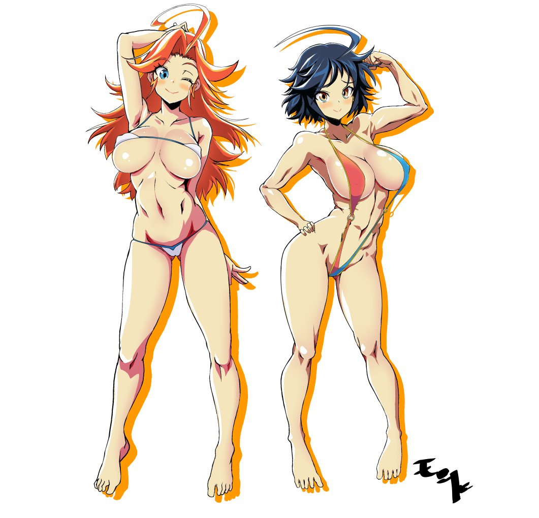 barely_contained black_hair blush charlotte_vanders kamen_america kamen_america_(character) kamen_america_(series) kamen_comet micro_bikini midriff misha_lovacova orange_hair sling_bikini string_bikini superheroine tensindonra thighs