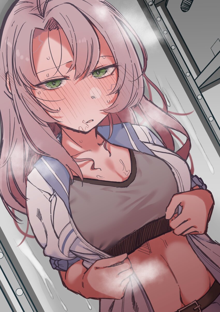 absurdres after_fellatio blue_sailor_collar blush breasts female green_eyes grey_background grey_hair hair_between_eyes highres kantai_collection kinugasa_(kantai_collection) large_breasts long_hair looking_at_viewer nose_blush open_clothes open_shirt parted_lips sailor_collar shiawase_hougan shirt short_sleeves solo sports_bra steam stray_pubic_hair sweat upper_body