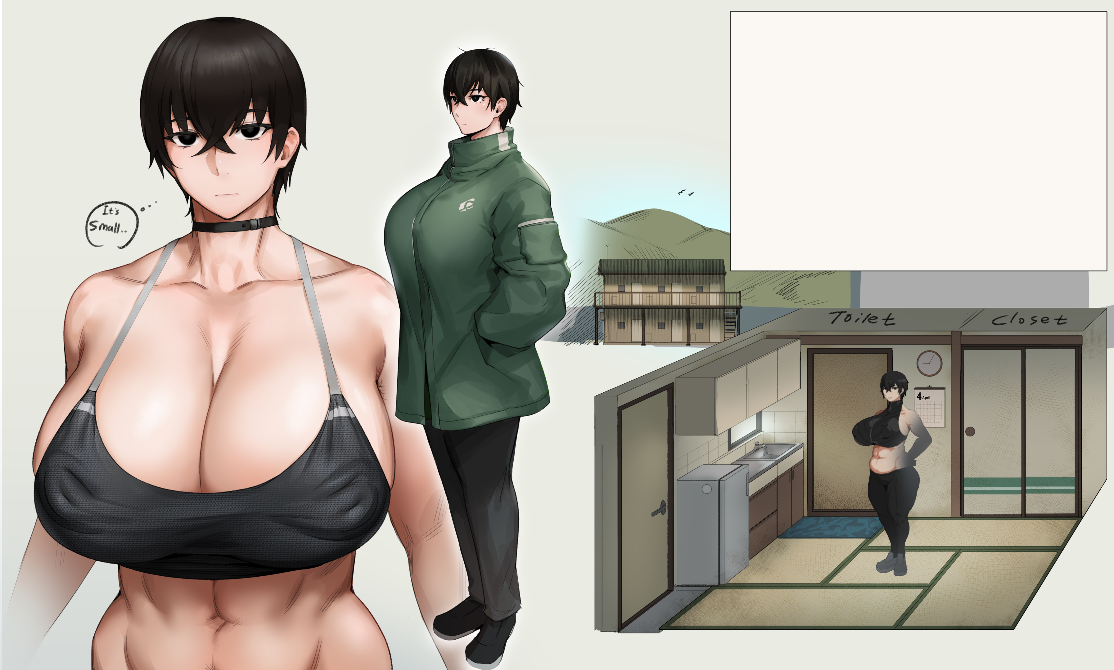 breasts, curvy figure, emotionless, female, huge breasts, kunaboto, kurogane (kunaboto), muscles, solo, solo female, venus body