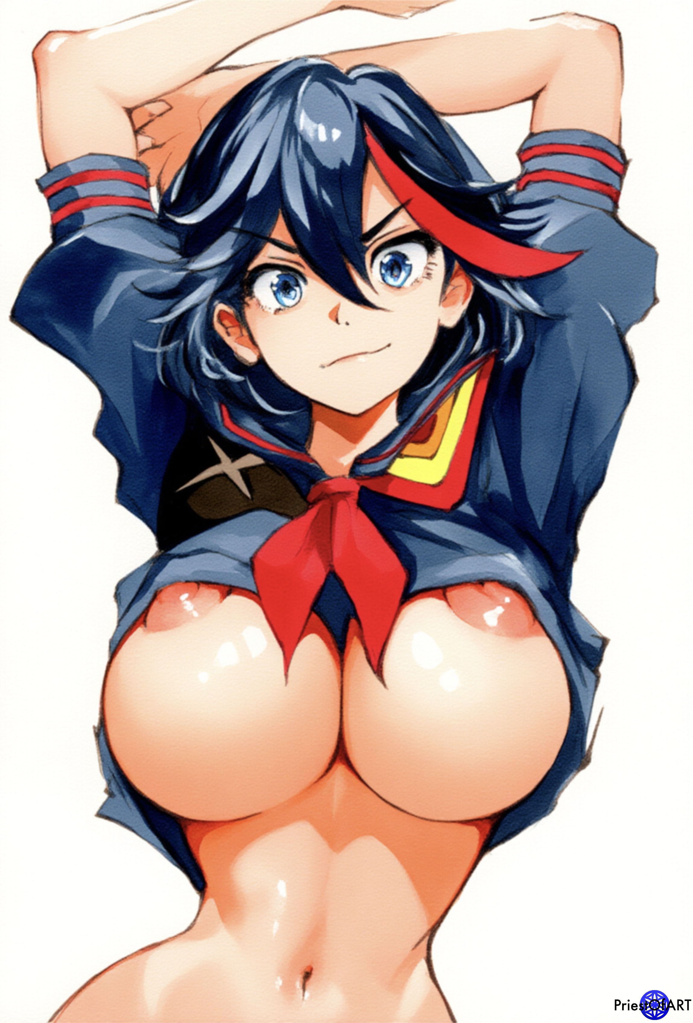 1girls, ai generated, areola slip, arms up, big breasts, black hair, blue eyes, breasts, color, crop top, female, female only, kill la kill, large breasts, matoi ryuuko, multicolored hair, priestofart, school uniform, shiny hair, simple background, solo, solo female, tagme, tagme (artist), tagme (character), thick thighs, two-tone hair, upper body, watercolor, watermark