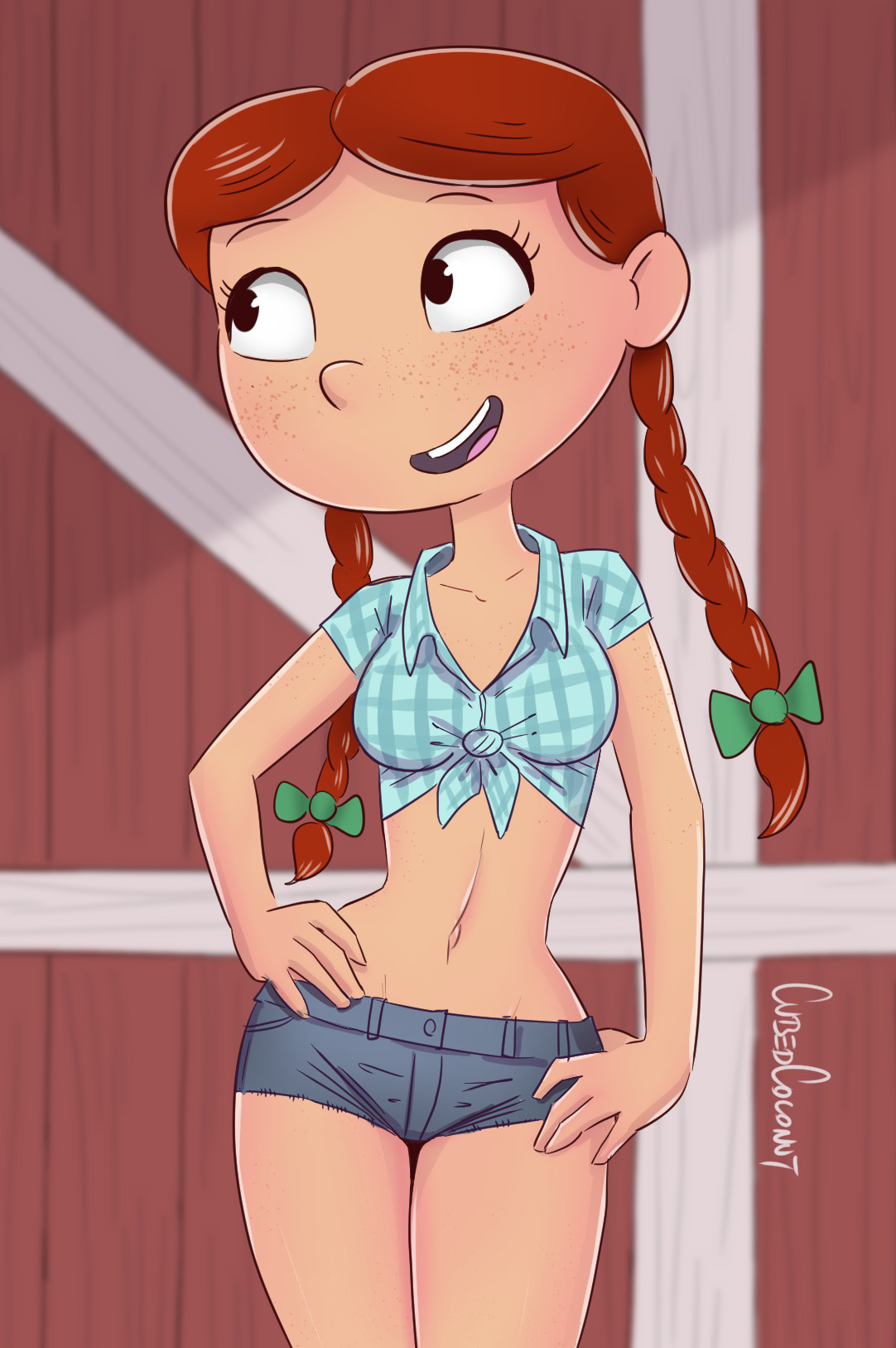 1girls, 2018, artist name, braids, cubedcoconut, female, freckles, freckles on face, hands on hips, hey arnold!, hourglass figure, jean shorts, lila sawyer, red hair, shirt, shorts, solo, thighs, wide hips