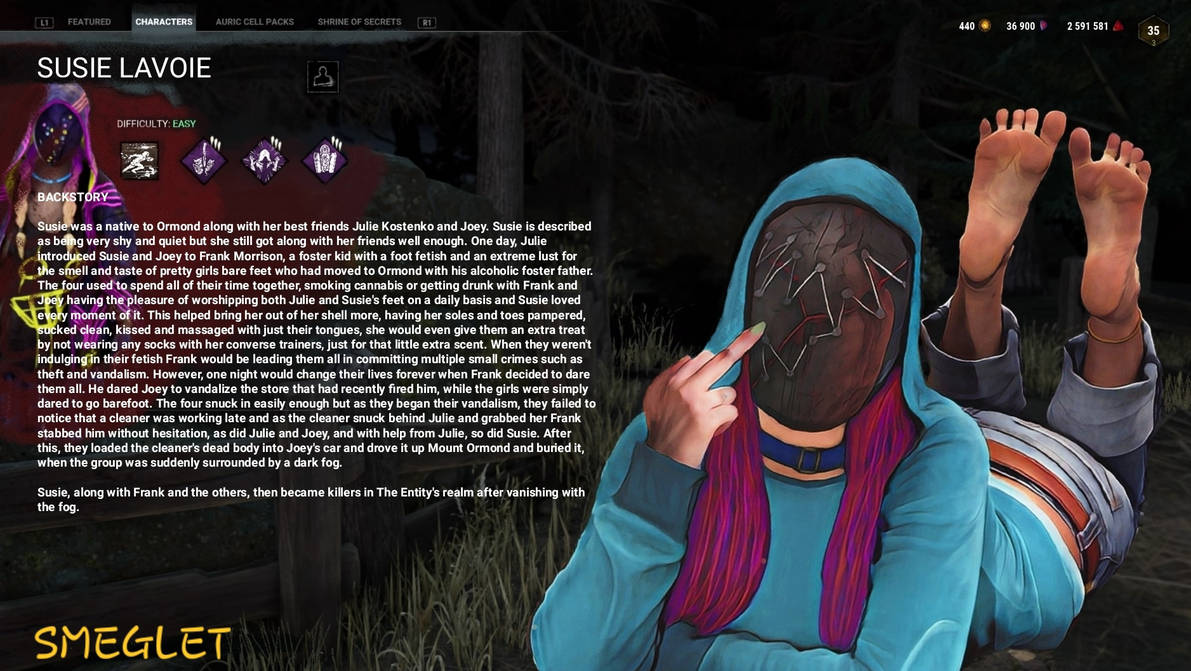 backstory blue_hoodie caucasian caucasian_female dbd dead_by_daylight feet feet_up foot_fetish foot_focus masked masked_female middle_finger pink_hair soles susie_(dead_by_daylight) the_legion the_pose