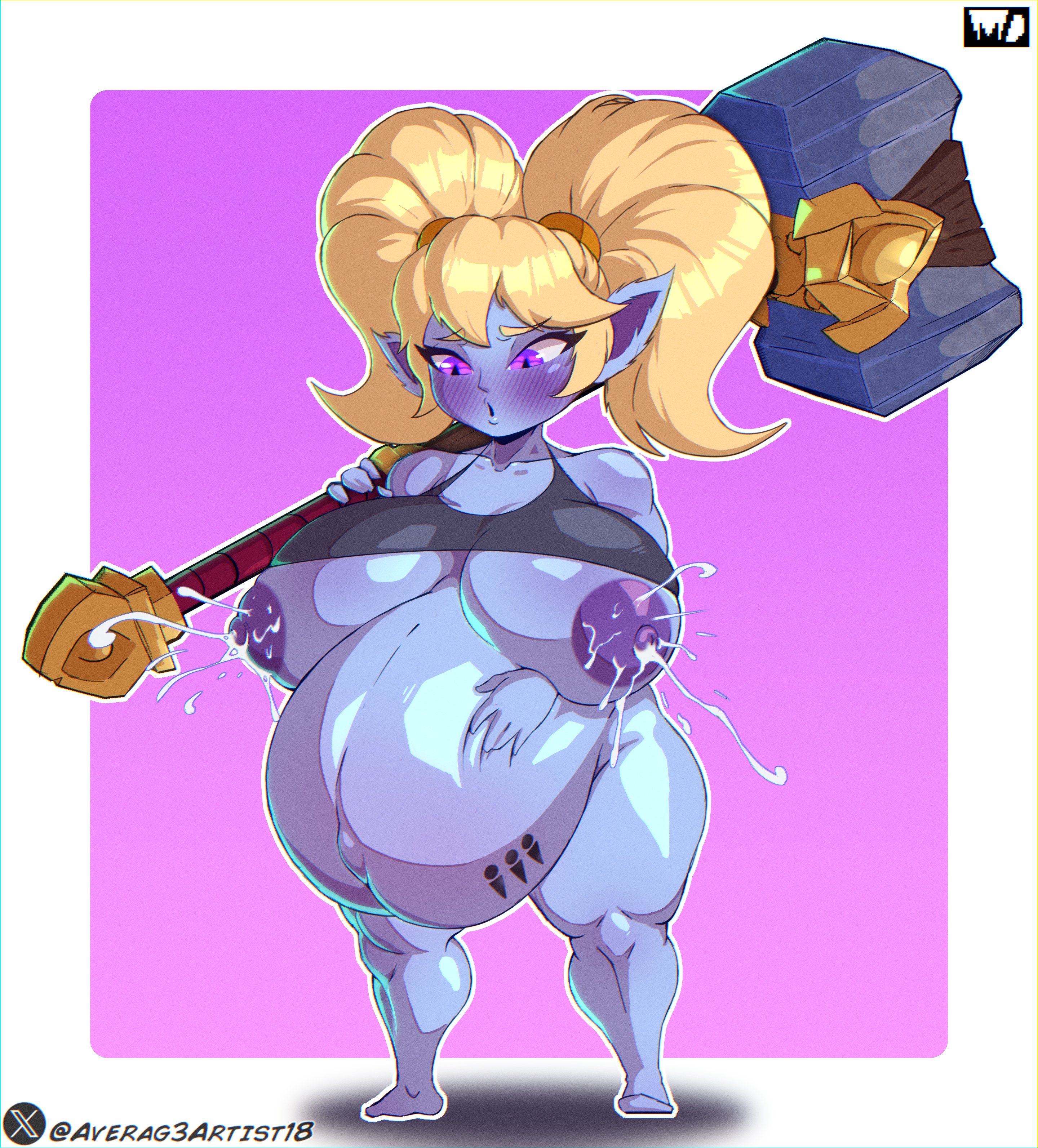 averag3artist18, blonde hair, blue body, blue skin, female, female focus, female only, lactation, league of legends, looking at viewer, poppy, pregnant, pubic hair, ready to pop, riot games, shortstack, solo, solo female, solo focus, twintails, yordle