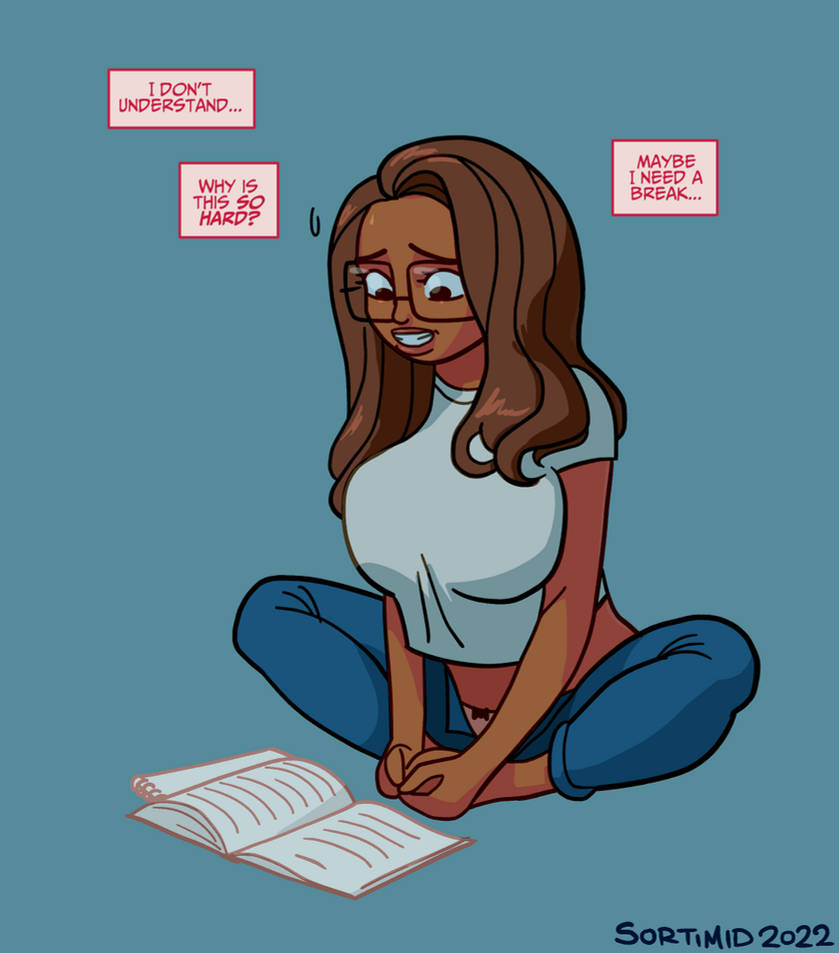 bimbofication brain_drain breast_expansion breasts brown_hair clothed comic dark_skin drugs female_only femsub glasses large_breasts mid_transformation simple_background solo sortimid text thought_bubble transformation