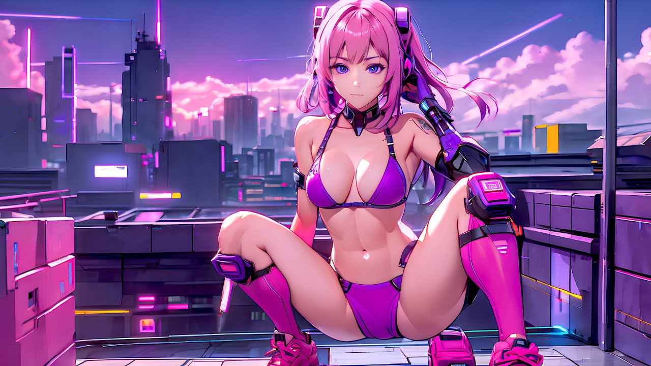 1girls ai_generated belly belly_button blue_eyes city_background cyberpunk cyberpunk_background female looking_at_viewer pink_bra pink_hair pink_panties shoes spread_legs squat_position squatting