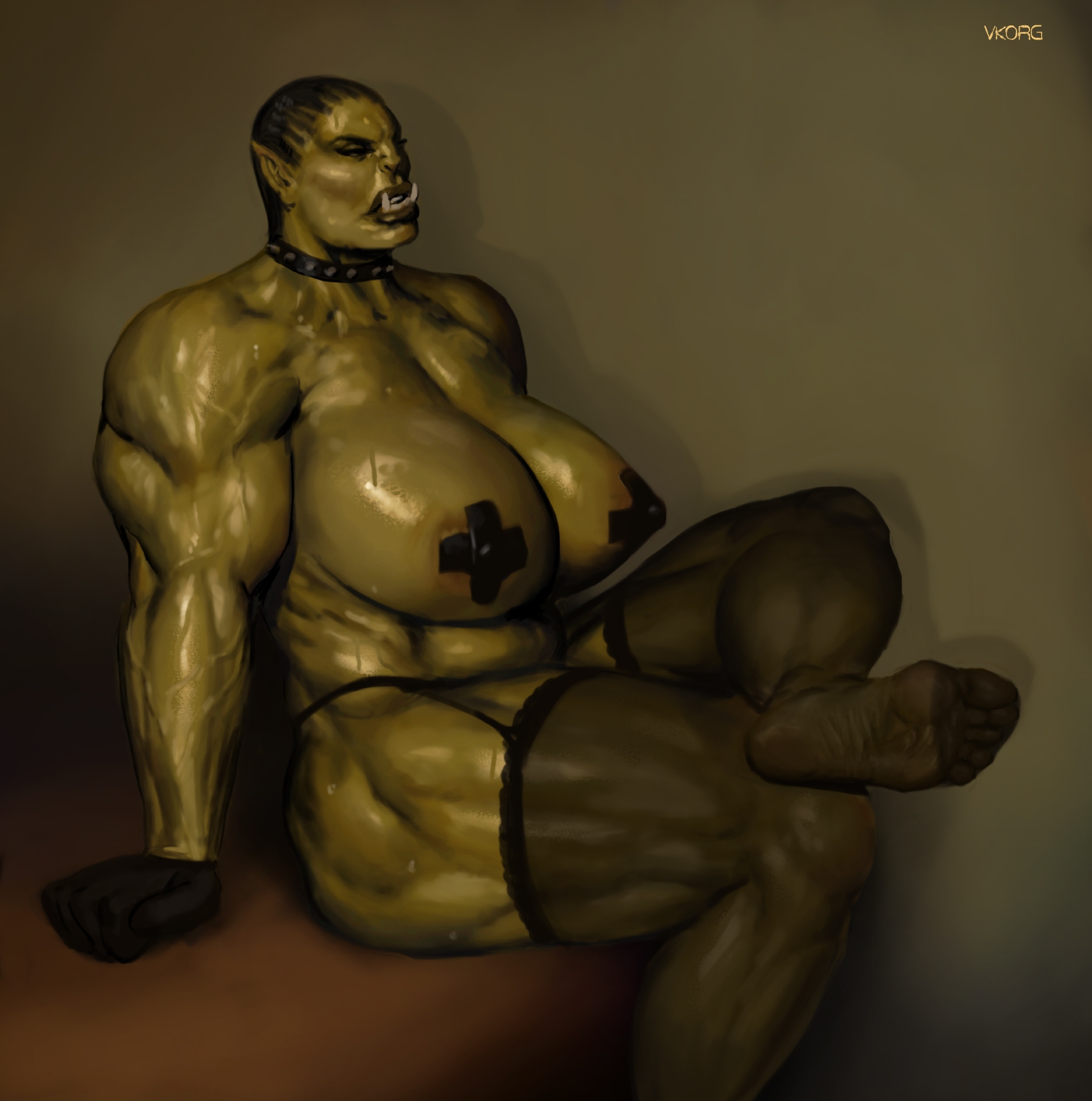 abs, back muscles, black thighhighs, breasts, female, foot fetish, green skin, legwear, muscles, muscular, muscular arms, muscular female, muscular thighs, orc, orc female, pasties, solo focus, vkorg, x pasties
