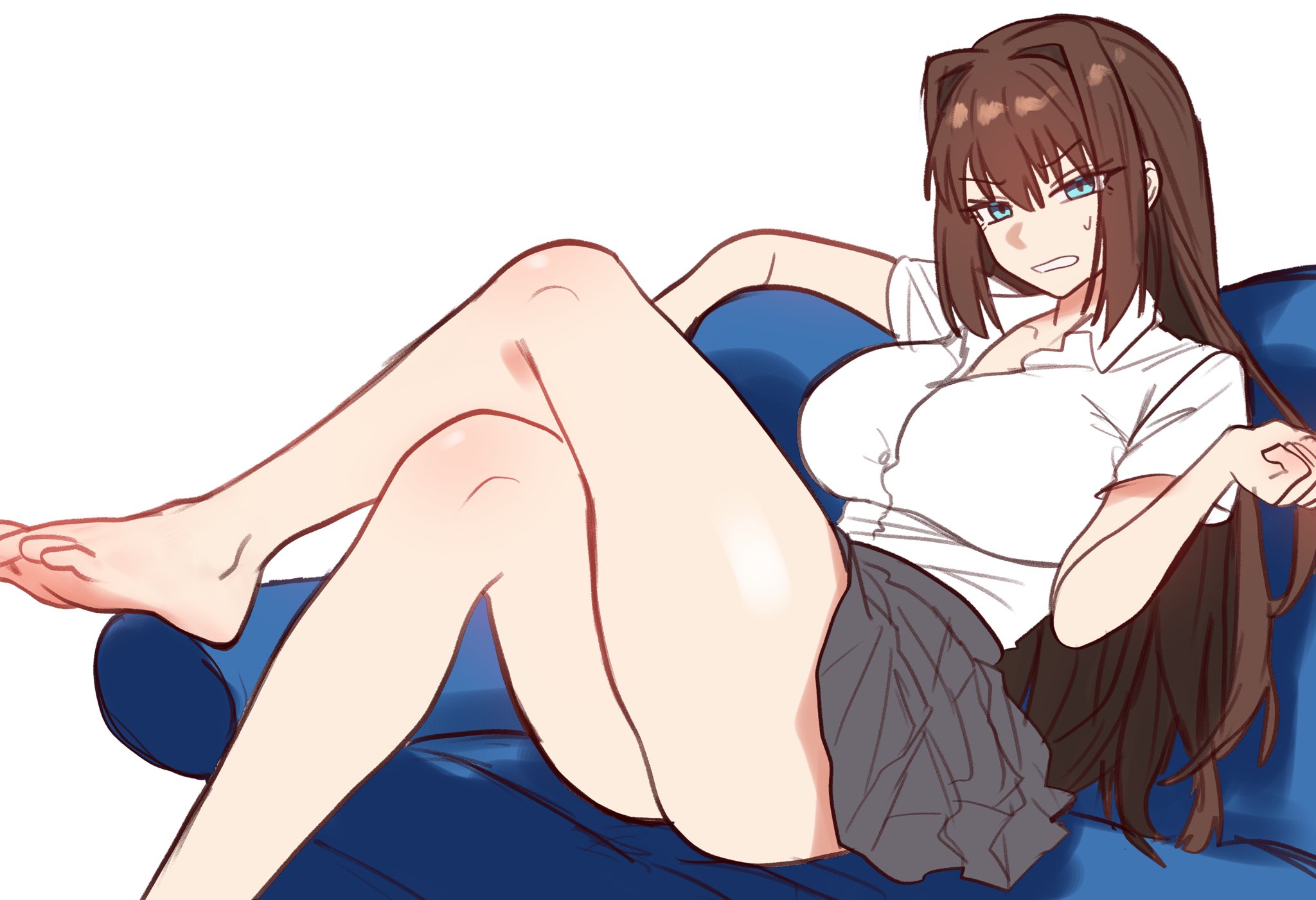1girls, aozaki aoko, ass, barefoot, blue eyes, breasts, brown hair, cleavage, crossed legs, ebora, feet, female, huge breasts, legs, light skin, light-skinned female, long hair, long legs, mahou tsukai no yoru, school uniform, schoolgirl, sitting, skirt, soles, solo, thick thighs, type-moon, youngmanisdown