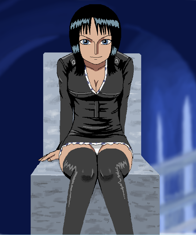 1girls black_dress black_hair black_thighhighs dress female female_only mature_female nico_robin one_piece panties pre-timeskip pre_timeskip sitting thigh_boots thighhighs upskirt water_7 white_panties yonkaku zettai_ryouiki