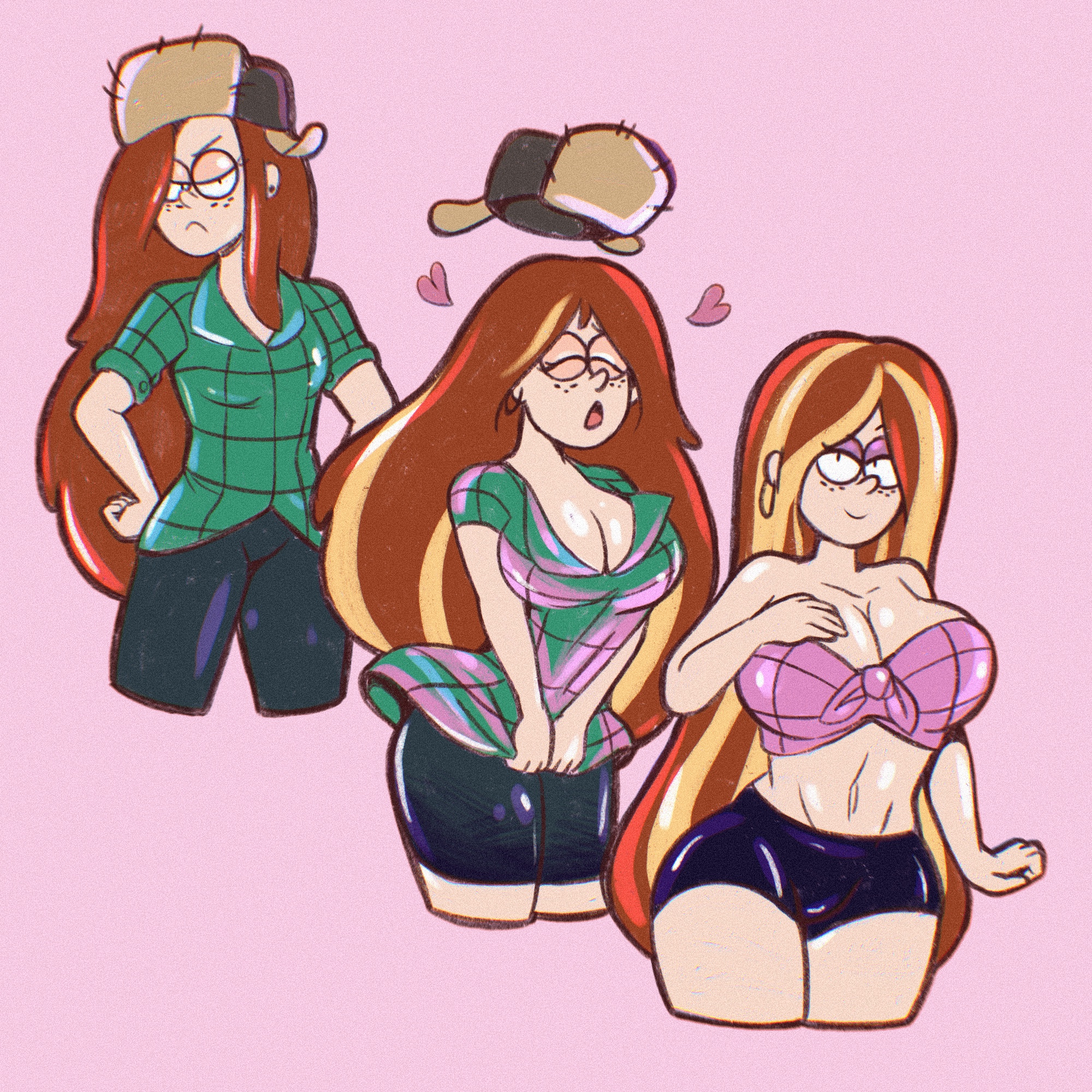 1girls, alternate costume, alternate hair color, angry, artist request, before and after, bimbofication, blonde hair, breast expansion, breast growth, breast growth (enlargement), breasts, closed eyes, clothing, collarbone, disney, disney channel, disney xd, dressed, earrings, expansion, eyeshadow, female, female only, femsub, freckles, gravity falls, hair growth, hat, heart, huge breasts, makeup, midriff, multicolored hair, pants, red hair, shirt, short shorts, shorts, simple background, smile, softcore, solo female, source request, standing, transformation, transformation sequence, wendy corduroy, white female