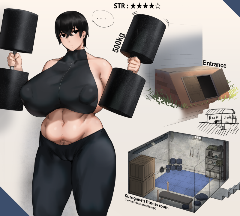 curvy_figure emotionless gym_clothes hairy_pussy huge_breasts kunaboto kurogane_(kunaboto) muscles muscular_female nipples_visible_through_clothing solo training venus_body