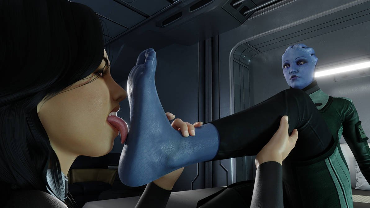 3d asari barefoot black_hair blue_skin caucasian caucasian_female dais1984 feet female_only foot_fetish foot_focus foot_grab foot_lick foot_worship liara_t'soni mass_effect mass_effect_2 miranda_lawson soles