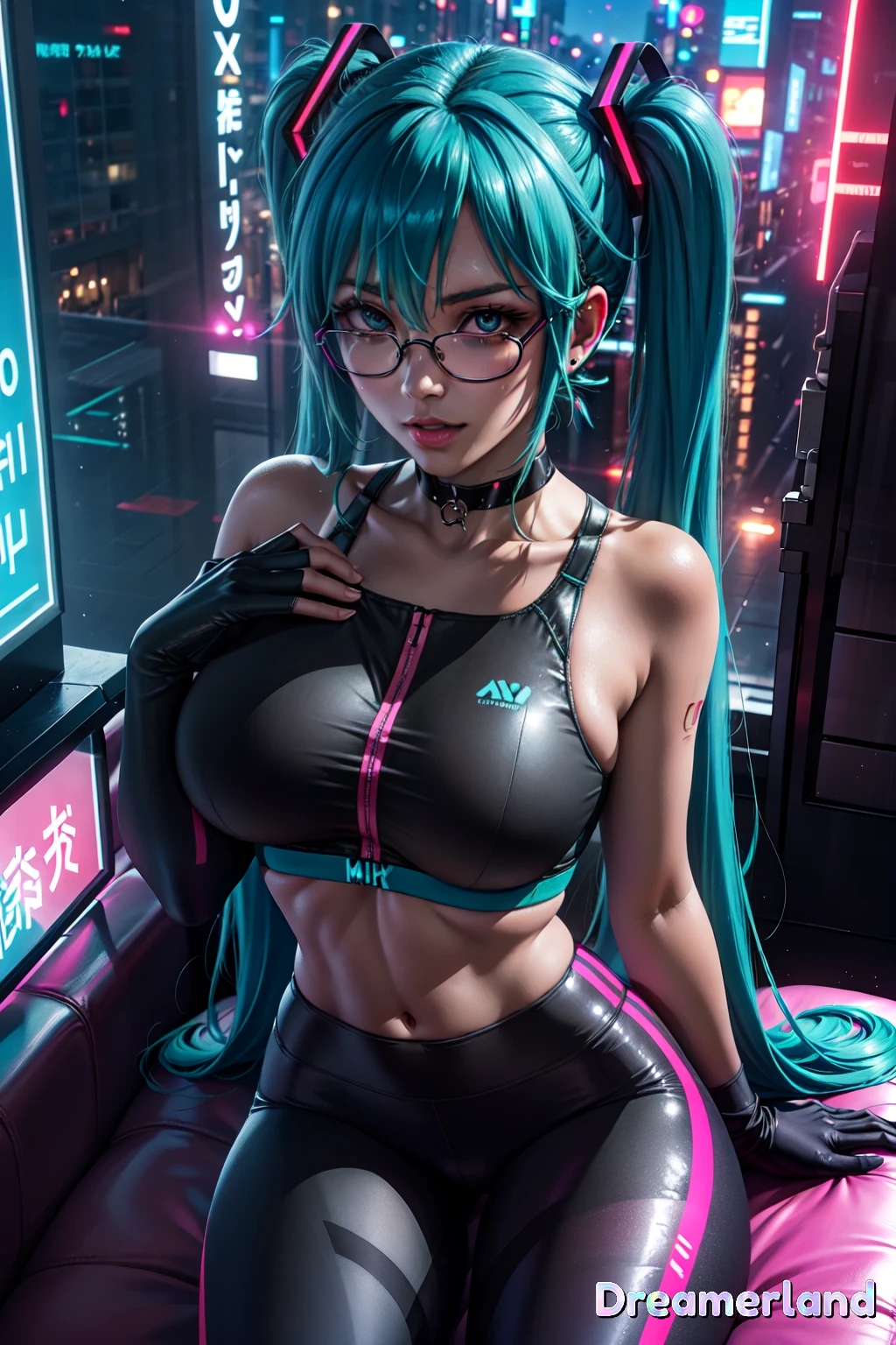 2d_(artwork) abs ai_generated anime anime_style bare_shoulders belly_button blue_eyes blue_hair breasts breasts breasts building buildings choker city city_background cityscape clavicle cute cyberpunk detailed detailed_background eyes eyes_open female female_focus female_human female_only from_above glasses glasses_on_face glasses_only gloves hair_between_eyes hair_ornament hand_on_breast hands-free hatsune_miku hd hd_(traditional) high_resolution highres leggings leggings_only light light-skinned light-skinned_female light_body light_skin lighting lips lipstick long_hair looking_at_viewer medium_breasts midriff mouth navel navel_line neon neon_lights night night_sky nose portrait pose posing posing_for_picture posing_for_the_viewer seductive seductive_body seductive_look seductive_mouth seductive_pose shadow shiny shiny_clothes shiny_hair shiny_skin sitting skin skin_tight sky4maleja slim slim_waist sport sports_bra street thick_thighs thighs tight_clothes tight_clothing tight_fit twintails very_long_hair waist watermark window window_light