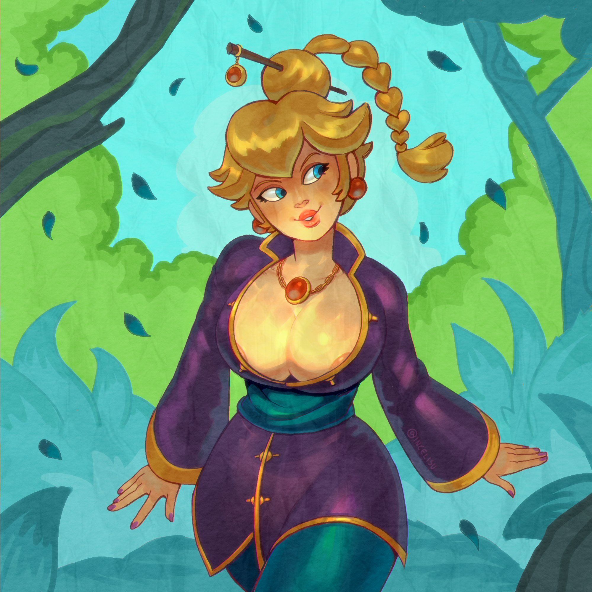 1girls, areola slip, areolae, blonde hair, braid, braided hair, breasts, cleavage, female, hourglass figure, incelisu, kung-fu peach, large breasts, mario (series), princess peach, princess peach: showtime!, thighs, wide hips