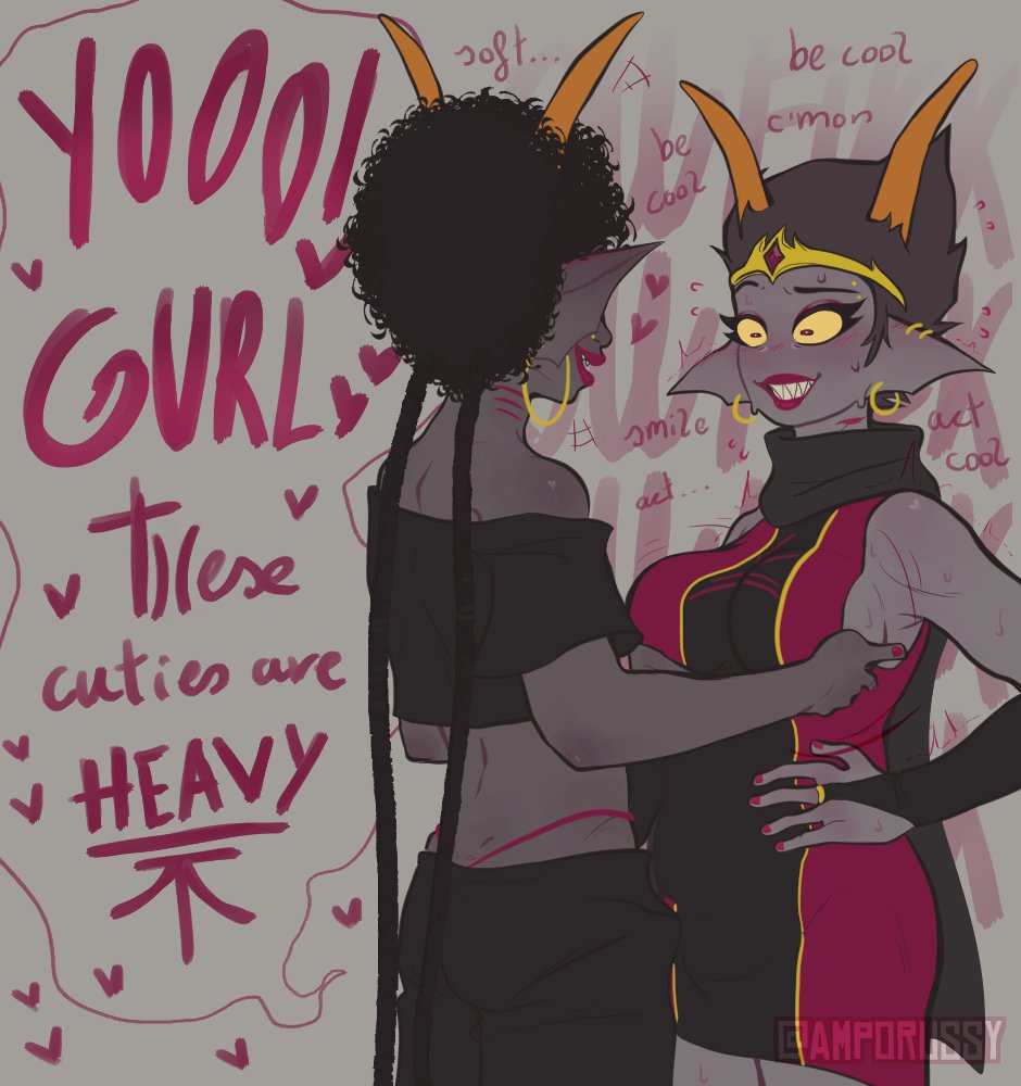 2girls alien black_hair black_hair_female boob_life colored_skin female grey_skin hiveswap homestuck homestuck_troll horn horns meenah_peixes multiple_girls princess royal royalty trizza_tethis troll yuri