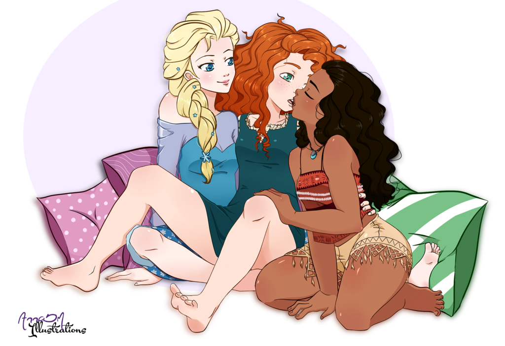 brave crossover curly_hair disney disney_princess elsa_(frozen) frozen_(film) interracial interracial_yuri kissing medium_breasts merida moana moana_waialiki multiple_females pacific_islander petite pixar polynesian redhead scottish small_breasts straight_hair teen teenage_girl teenager young yuri