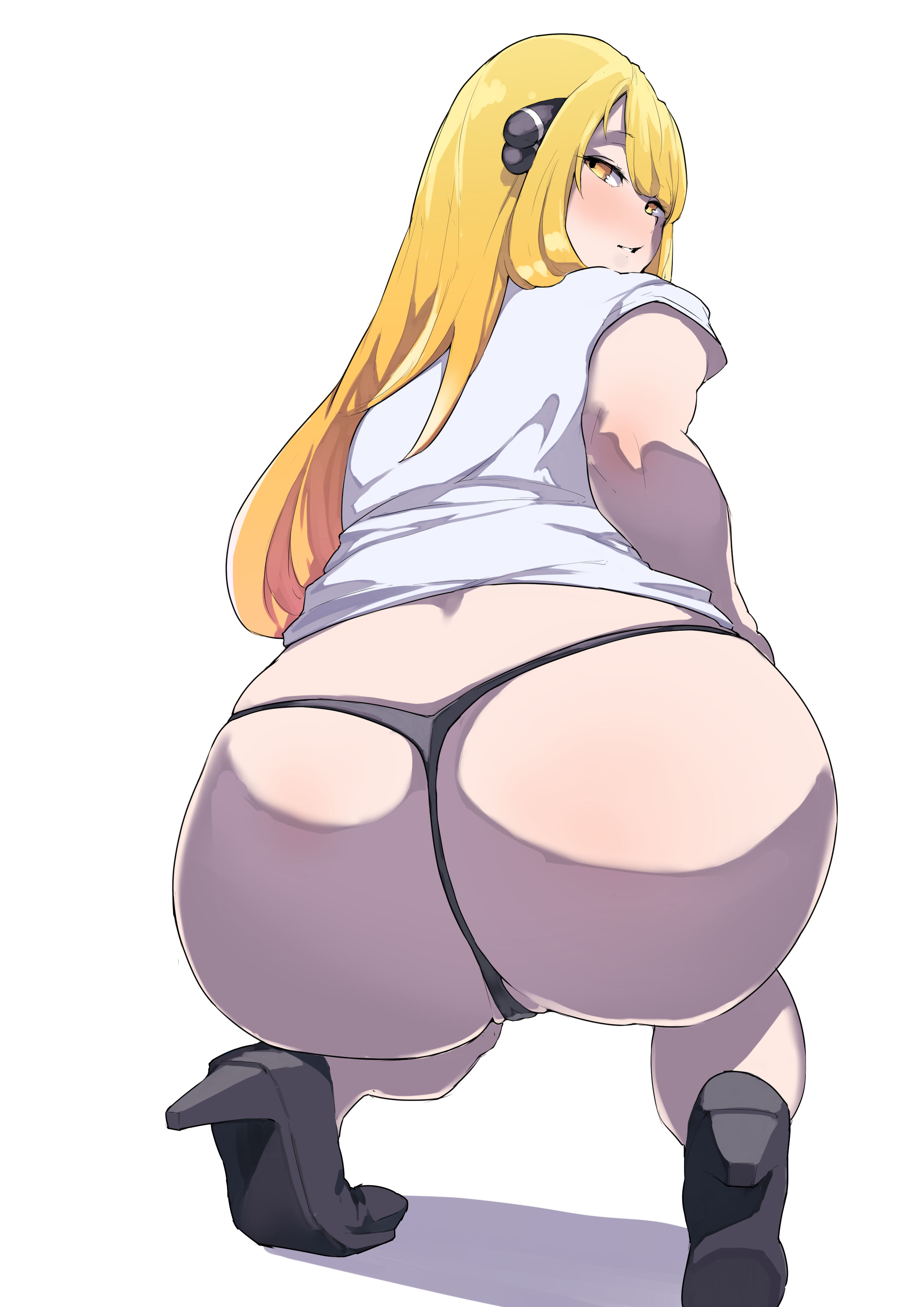 1girls, ass, big ass, blonde hair, blush, cynthia (pokemon), female, female only, from behind, hair ornament, high heels, huge ass, human, long hair, looking back, newpix, nintendo, panties, parted lips, partially visible genitals, partially visible vulva, pokemon, pokemon dppt, pussy, pussy lips, shiny, shiny hair, shiny skin, shirt, smile, solo, squatting, thick thighs, thong, voluptuous, yellow eyes