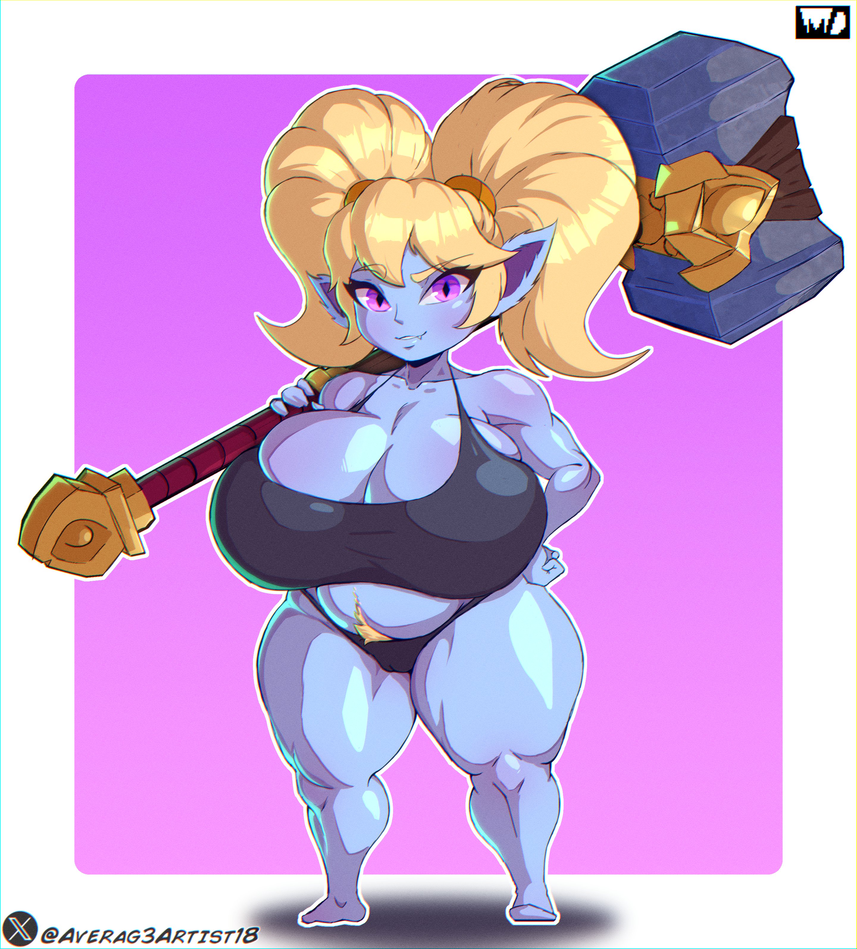 averag3artist18, blonde hair, blue body, blue skin, female, female focus, female only, league of legends, looking at viewer, poppy, pubic hair, riot games, shortstack, solo, solo female, solo focus, twintails, yordle