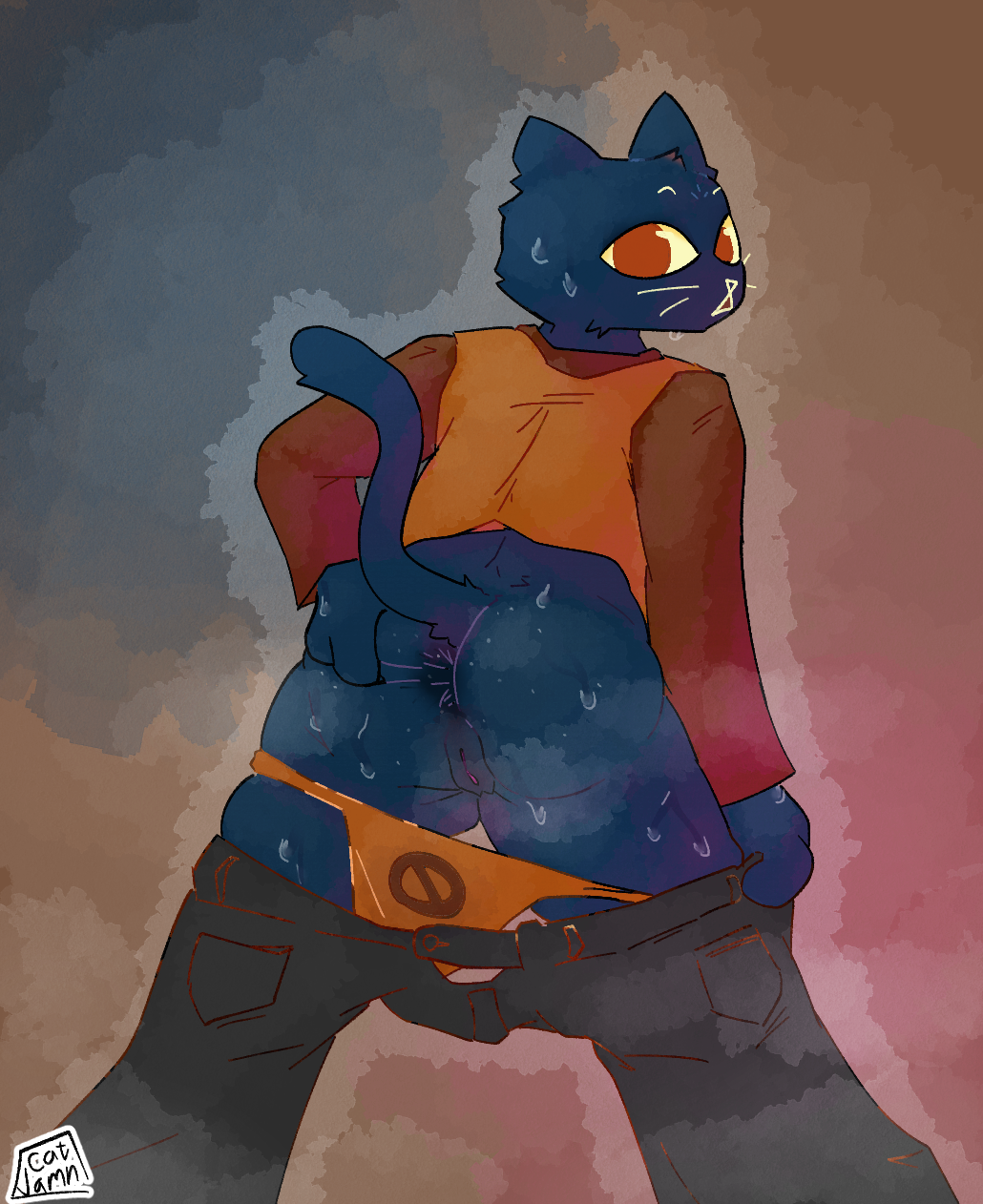 anthro anus blue_body blue_fur bodily_fluids bottomwear bottomwear_down catjam_(artist) clothed clothing felid feline female fur genitals hi_res looking_at_viewer looking_back mae_borowski mammal musk musk_clouds night_in_the_woods panties panties_down pants pants_down partially_clothed pussy solo sweat underwear underwear_down undressing