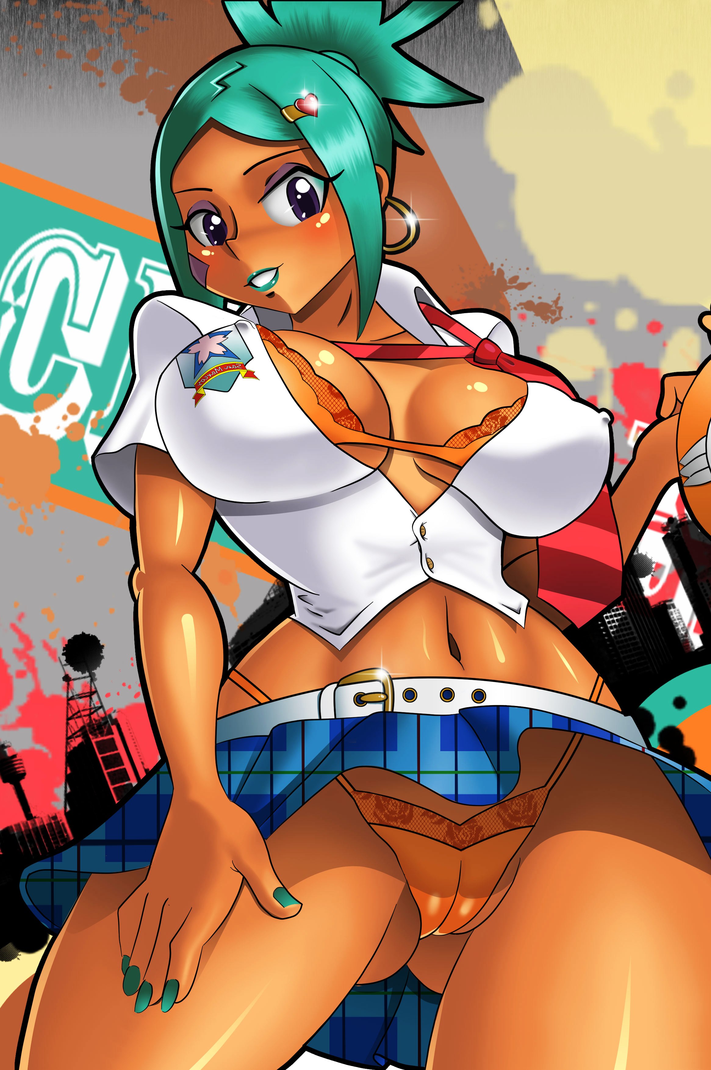 absurdres, aqua hair, aqua nails, belt, bra, breasts, breasts apart, cassandra veranos, cerebella, chacrawarrior, covered nipples, dark skin, dark-skinned female, earrings, eyeshadow, facial tattoo, female, graffiti, green lipstick, gyaru, hair ornament, hairclip, heart hair ornament, highres, large breasts, lipstick, looking at viewer, loose necktie, makeup, nail polish, necktie, open clothes, open shirt, panties, plaid, plaid skirt, ponytail, school uniform, shiny, shiny skin, shirt, short hair, skirt, skullgirls, smile, solo, tattoo, tied hair, toned, underwear, upskirt, vice-versa