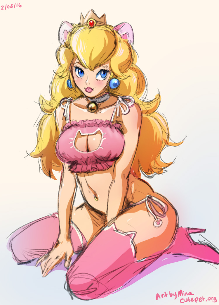 2016, 2d, blonde hair, blue eyes, blush, breasts, cat lingerie, cleavage, female, mario (series), minacream, nintendo, princess peach, stockings