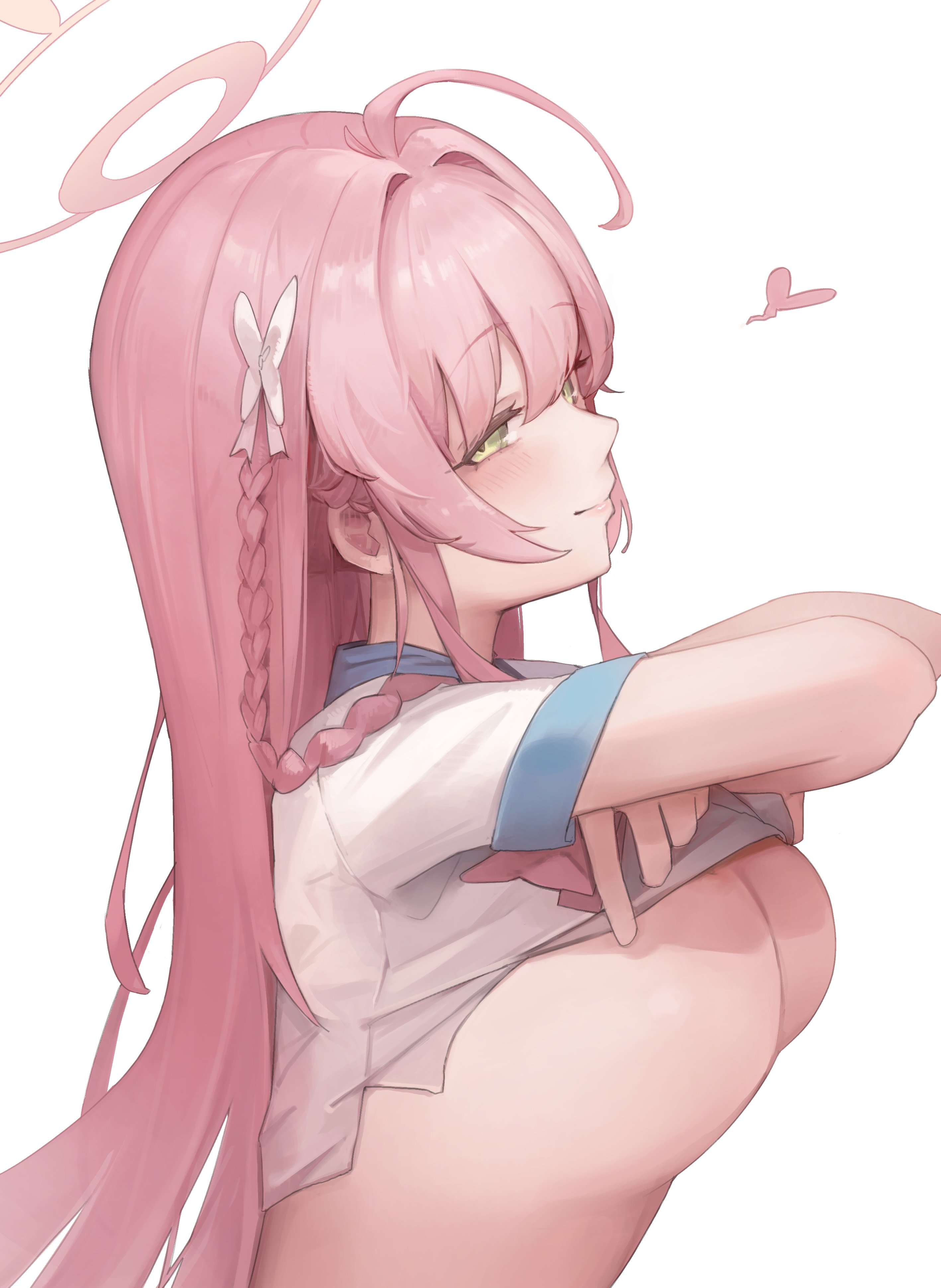 absurdres, ahoge, blue archive, blush, braid, breasts, closed mouth, clothes lift, female, from side, green eyes, hair between eyes, halo, hanako (blue archive), heart, highres, jun daniell, large breasts, lifted by self, long hair, looking at viewer, make-up work club (blue archive), no bra, pink hair, ribbon, sailor collar, school uniform, serafuku, shirt, shirt lift, short sleeves, sidelocks, simple background, smile, solo, trinity general school student, underboob, undressing, upper body, very long hair, white background, white shirt