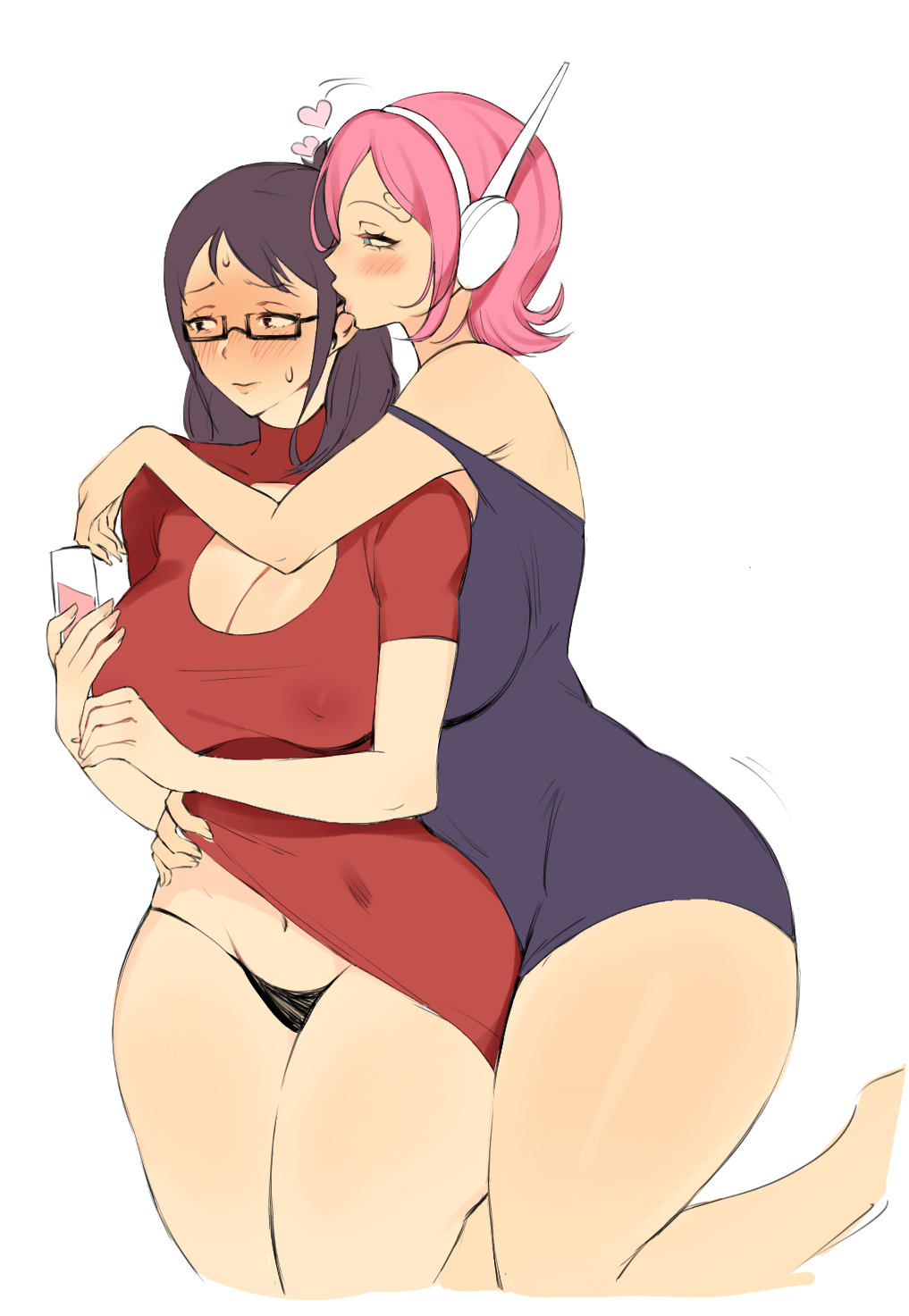 big_ass big_breasts blush clothing female female_only kissing_ear lifting_skirt lushhhh nipples_visible_through_clothing one_piece panties tashigi vinsmoke_reiju voluptuous yuri