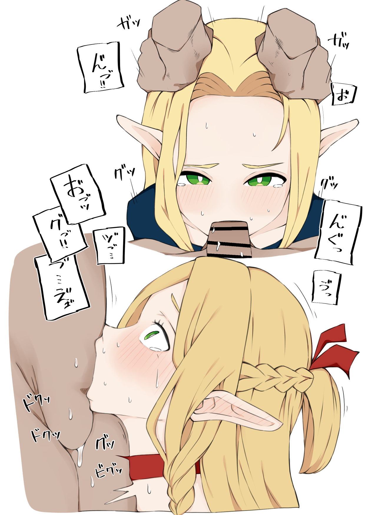 1boy, 1girls, blonde hair, deepthroat, dungeon meshi, elf, fellatio, female, female focus, green eyes, long hair, male, marcille donato, oral, tears, zubinzubin
