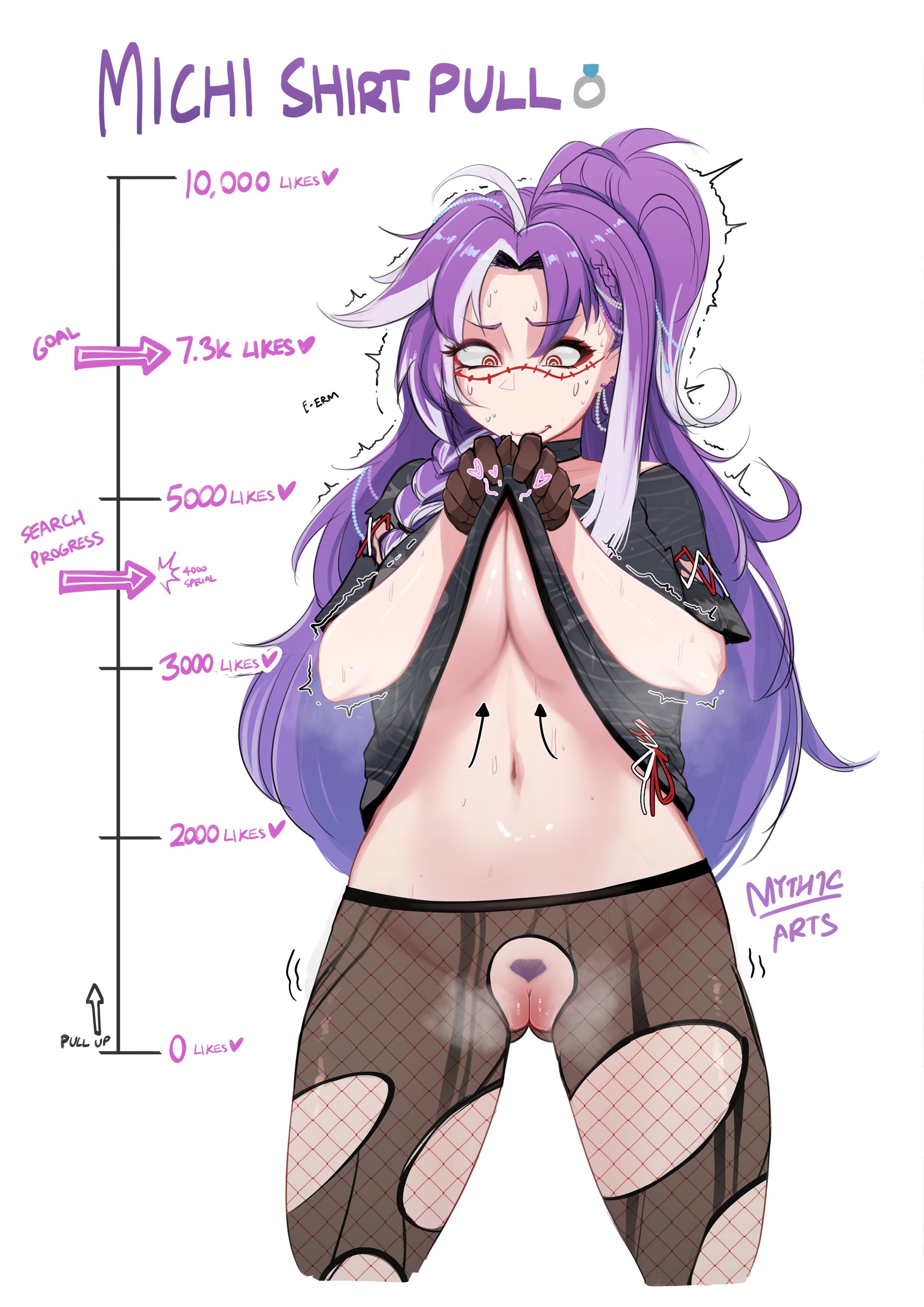 1girls, exposed pussy, female, female only, fishnets, light skin, light-skinned female, michi mochievee, myth1c, myth1carts, pubic hair, purple hair, pussy, shirt lift, solo, stitches, twitter strip game (meme), virtual youtuber, vshojo, white background
