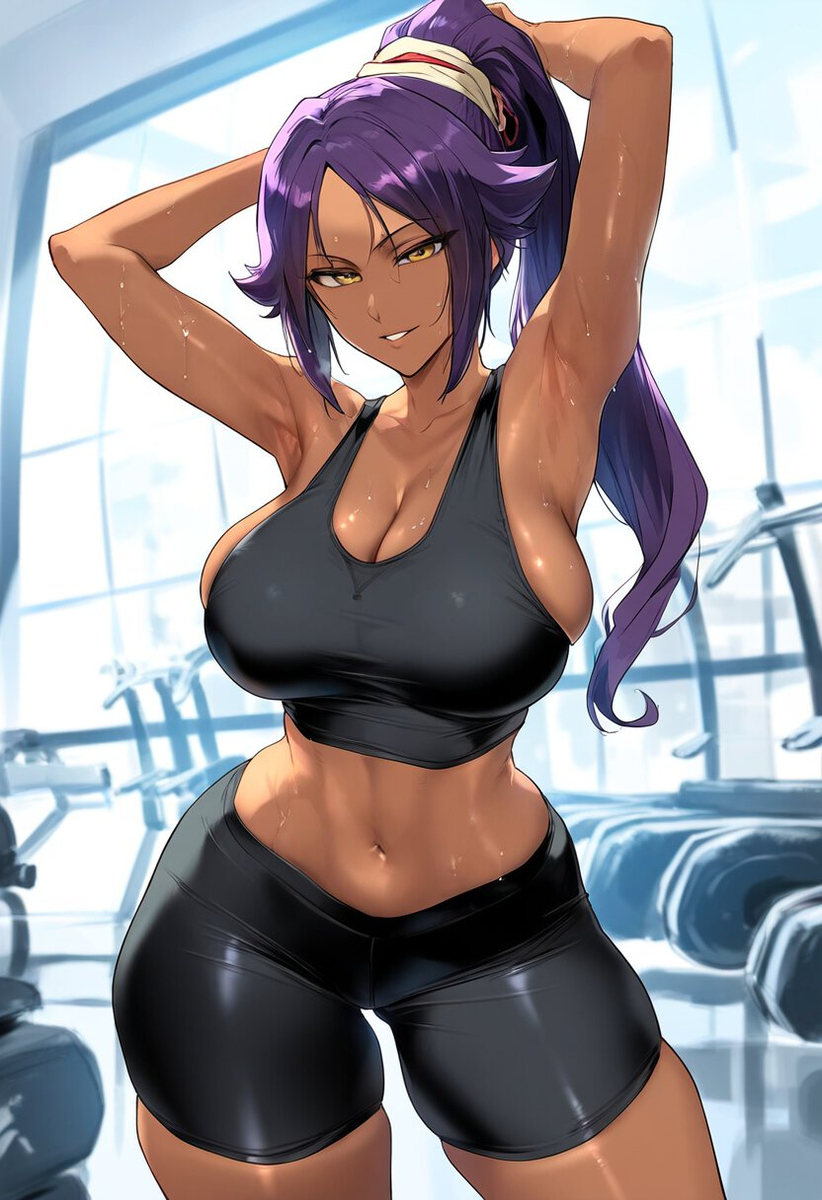 1girls ai_generated bare_arms bare_legs bare_shoulders bare_thighs big_breasts bleach clothed clothing color dark-skinned_female dark_skin female female_focus female_only gym gym_clothes gym_uniform hi_res large_breasts looking_at_viewer purple_hair shihouin_yoruichi solo solo_female sweat tagme thick_thighs yeeting yellow_eyes