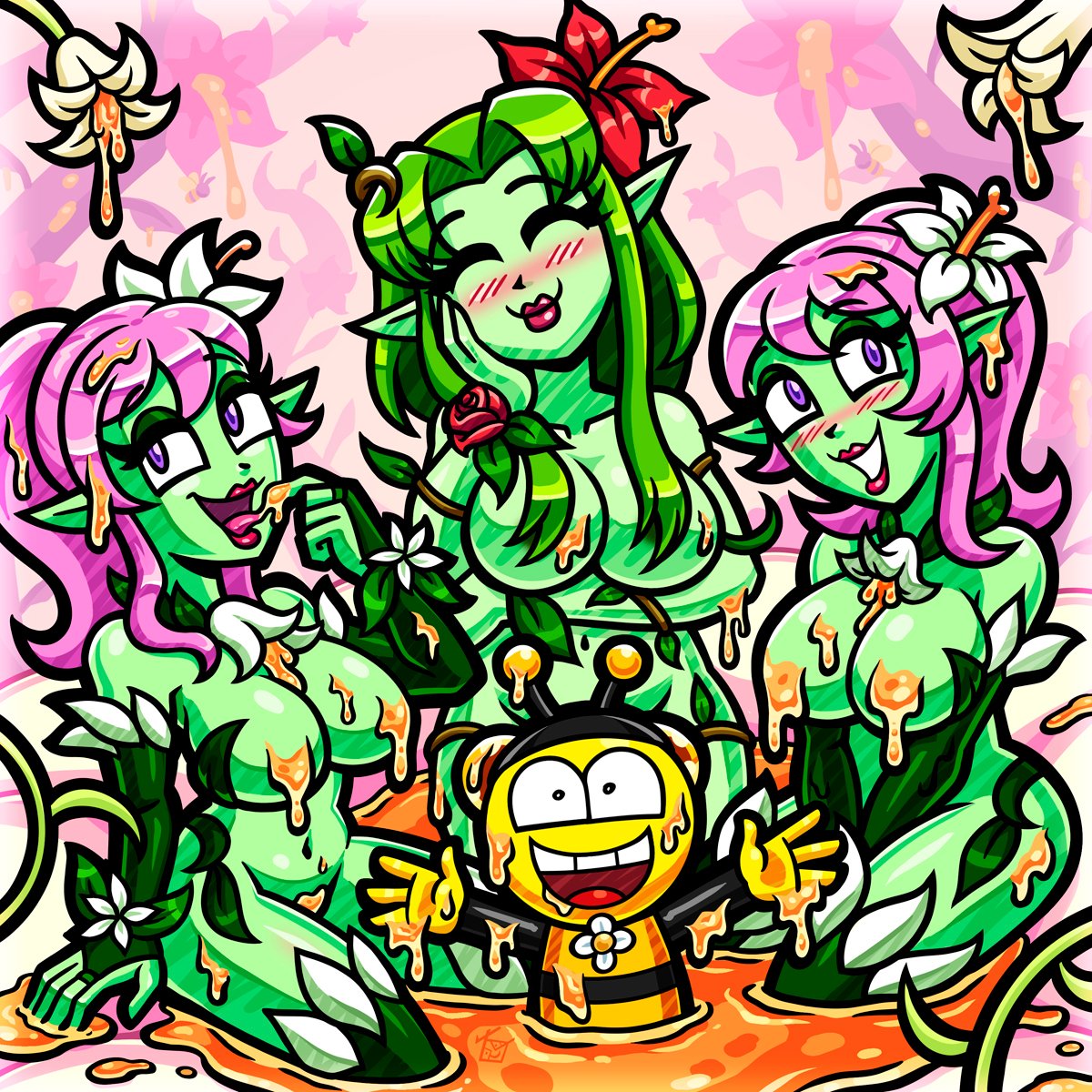 2022 3girls alraune alraune_(monster_girl_encyclopedia) blush covered_nipples green_hair green_skin hooksnfangs liliraune_(monster_girl_encyclopedia) monster_girl_encyclopedia multiple_girls nude nude_female pink_hair plant_girl tagme tree_sap