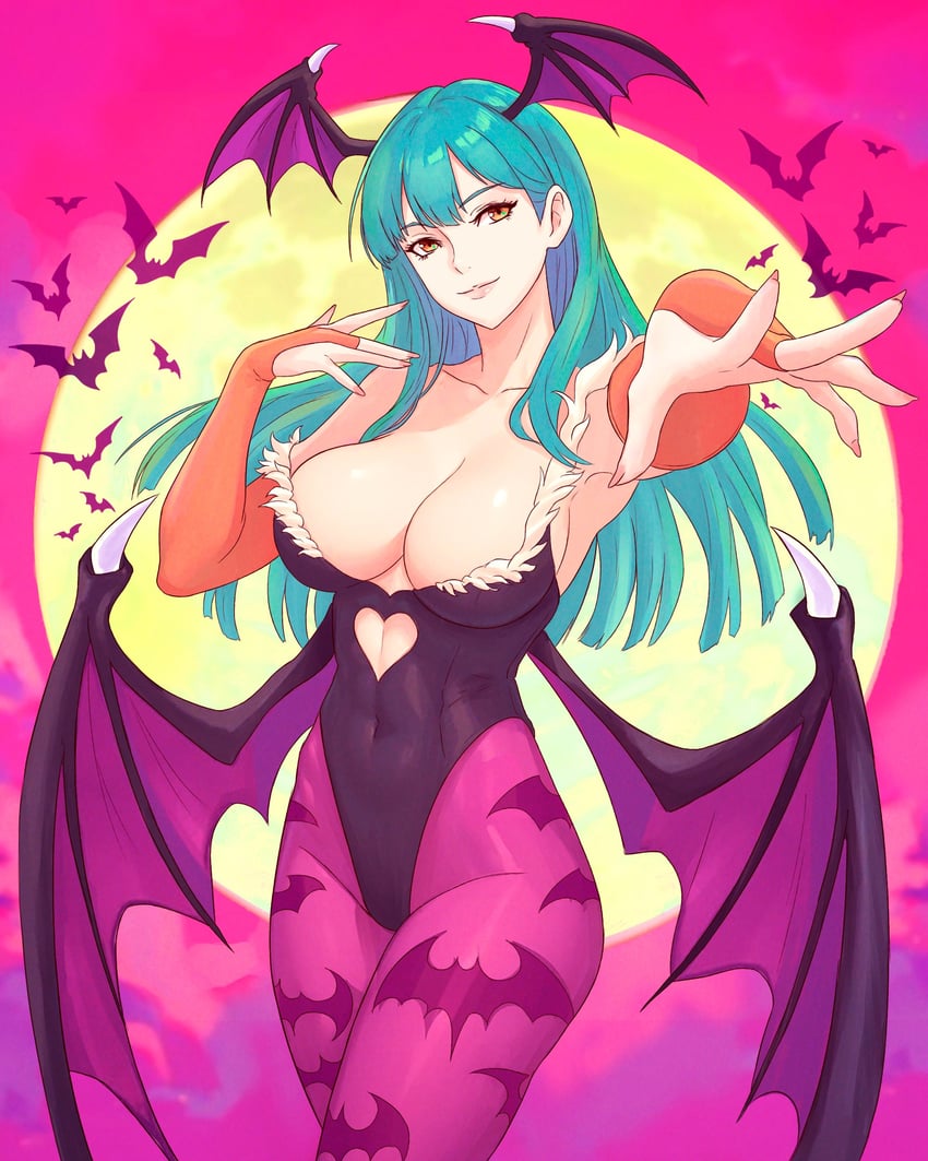 bat_wings bats boobs capcom cleavage darkstalkers fingerless_gloves fluffy gloves green_hair heart_cutout humanoid large_breasts leggings light-skinned_female light_skin long_hair looking_at_viewer moon morrigan_aensland nail_polish nails not_porn pose posing sfw smile smiling smiling_at_viewer succubus tight_clothing truejekart unknown_source wings