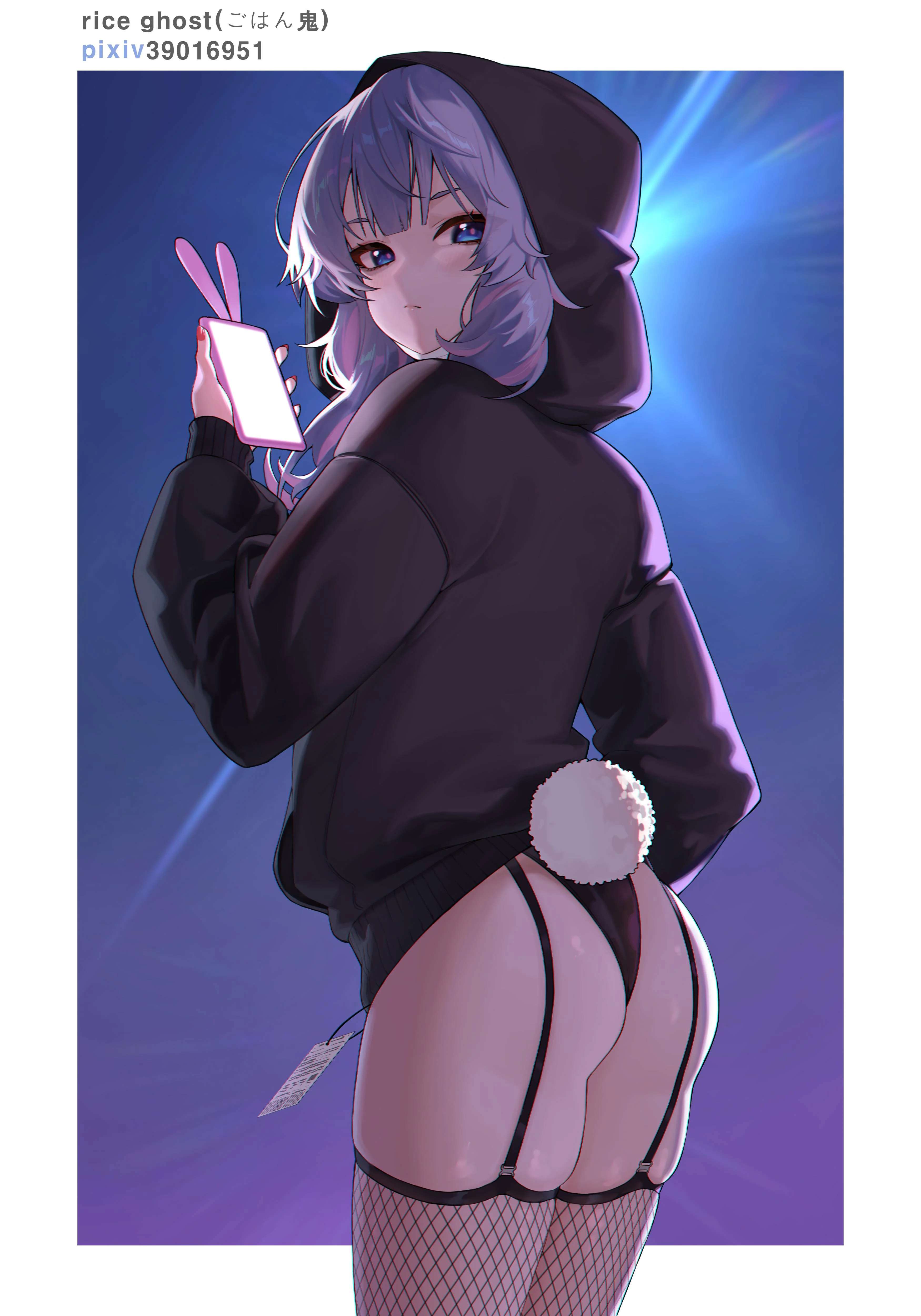 1girl, animal ears, ass, bangs, bikini bottom, black hoodie, black leotard, blue eyes, bunny girl, cellphone, closed mouth, clothed, cowboy shot, fake tail, female, fishnet thighhighs, fishnets, from behind, garter straps, hatsune miku, holding, holding phone, hood, hood up, hoodie, jacket, leotard, long hair, long sleeves, looking at viewer, looking back, panties, phone, purple hair, rabbit ears, rabbit hole (vocaloid), rabbit tail, riceghost626, silver hair, skindentation, smartphone, solo, tail, thighhighs, vocaloid