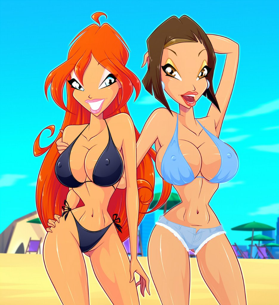 2girls armpit beach belly bikini bikini_top bimbo bloom_(winx_club) blue_eyes breasts brown_eyes brown_hair busty cleavage covered_nipples erect_nipples eyeshadow female hourglass_figure large_breasts legs lips lipstick long_hair looking_at_viewer makeup milf mother_and_daughter multiple_girls navel nipple_bulge nipples open_mouth orange_hair rainbow_(animation_studio) sand short_hair shorts side-tie_bikini smile smiling swimsuit teenager teeth thighs thin_waist tongue vanessa_(winx_club) voluptuous wasp_waist winx_club zfive