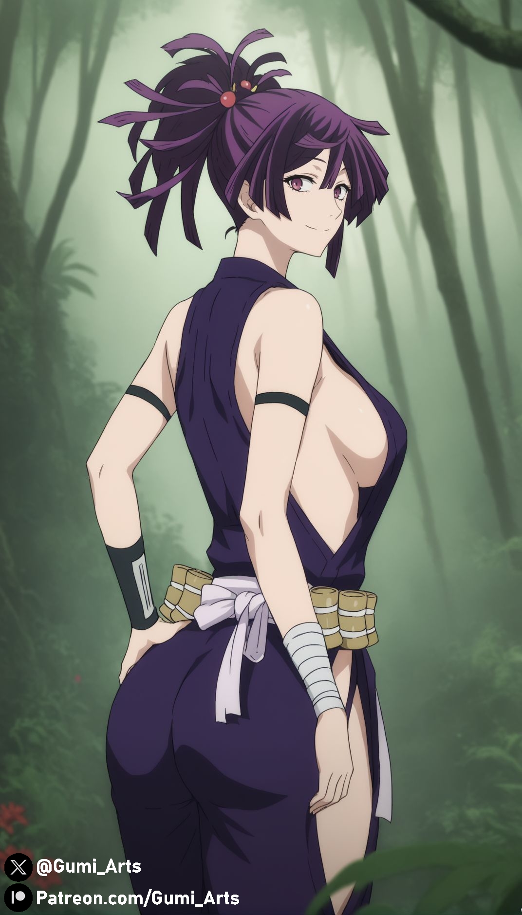 ai generated, ass, breasts, clothed, female, from behind, gumi arts, jigokuraku, jungle, kunoichi, looking back, medium breasts, outdoors, purple eyes, purple hair, revealing clothes, sideboob, smile, stable diffusion, yuzuriha (jigokuraku)