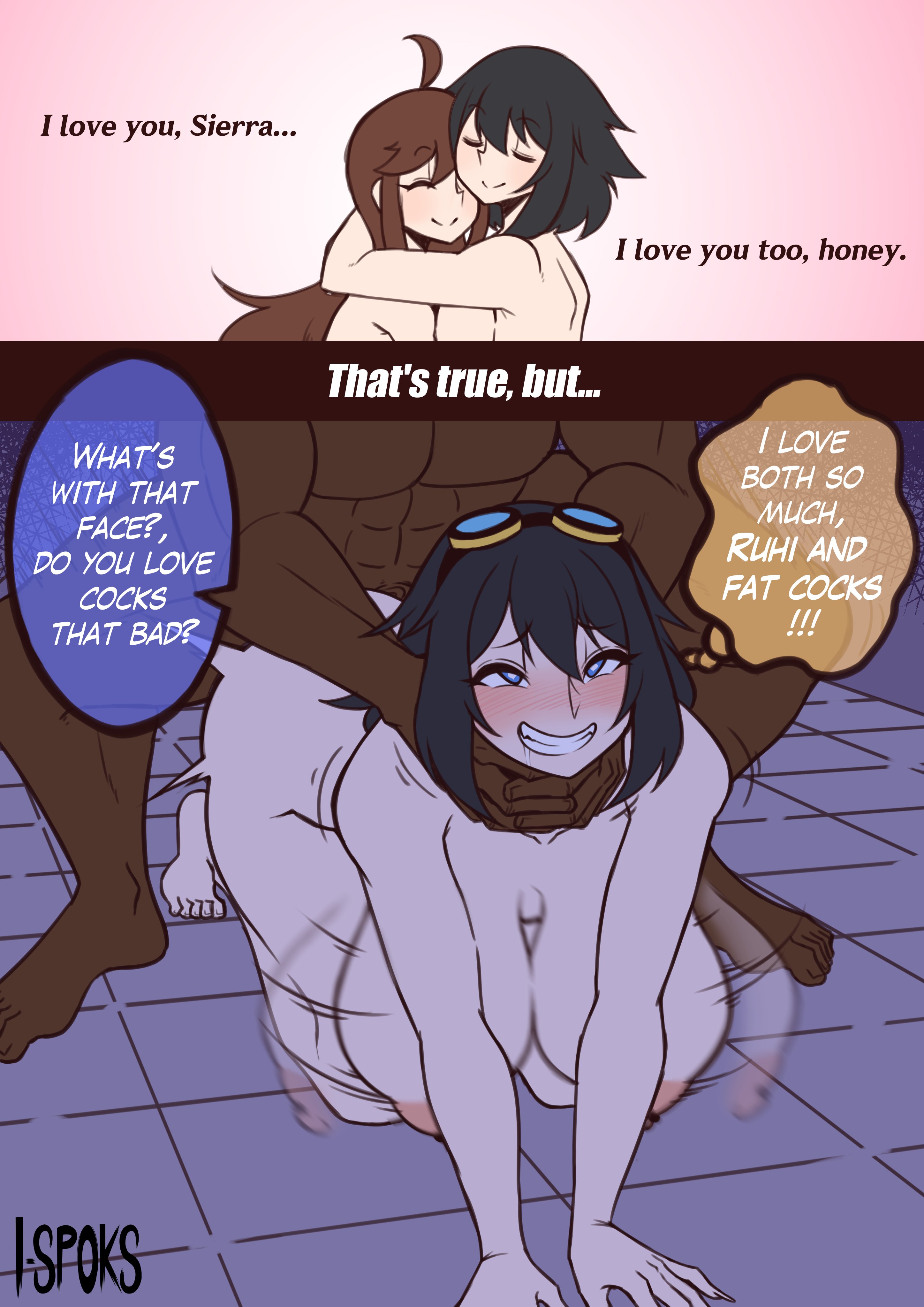 1boy, 2023, 2girls, 2koma, all fours, ambiguous penetration, areolae, artist name, bisexual, bisexual female, black hair, blue eyes, blush, breasts, brown hair, cheating, cheating girlfriend, choking, cock addiction, cock hungry, comic, consensual, cucked lesbian, cuckquean, dark skin, dark-skinned male, doggy style, english text, eyewear on head, female, i-spoks, ilustretsspoks, lesbian conversion, lesbian correction, lesbian dicked down, lesbian gets dicked, lesbian with male, male, oc, orientation play, ruhi, sierra dazorelle, submitting to cock, text, wholesome