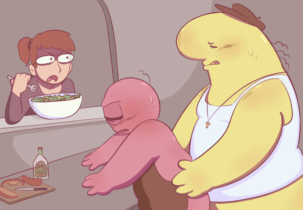 2boys, anal, apron only, charlie (smiling friends), female, gay, male, meme, mintyconolies, overweight, overweight male, pim (smiling friends), public, public sex, right in front of my salad? (meme), size difference, smiling friends, sweatdrop, tank top only, watching, yaoi, yaoi with female audience, zoey (smiling friends)