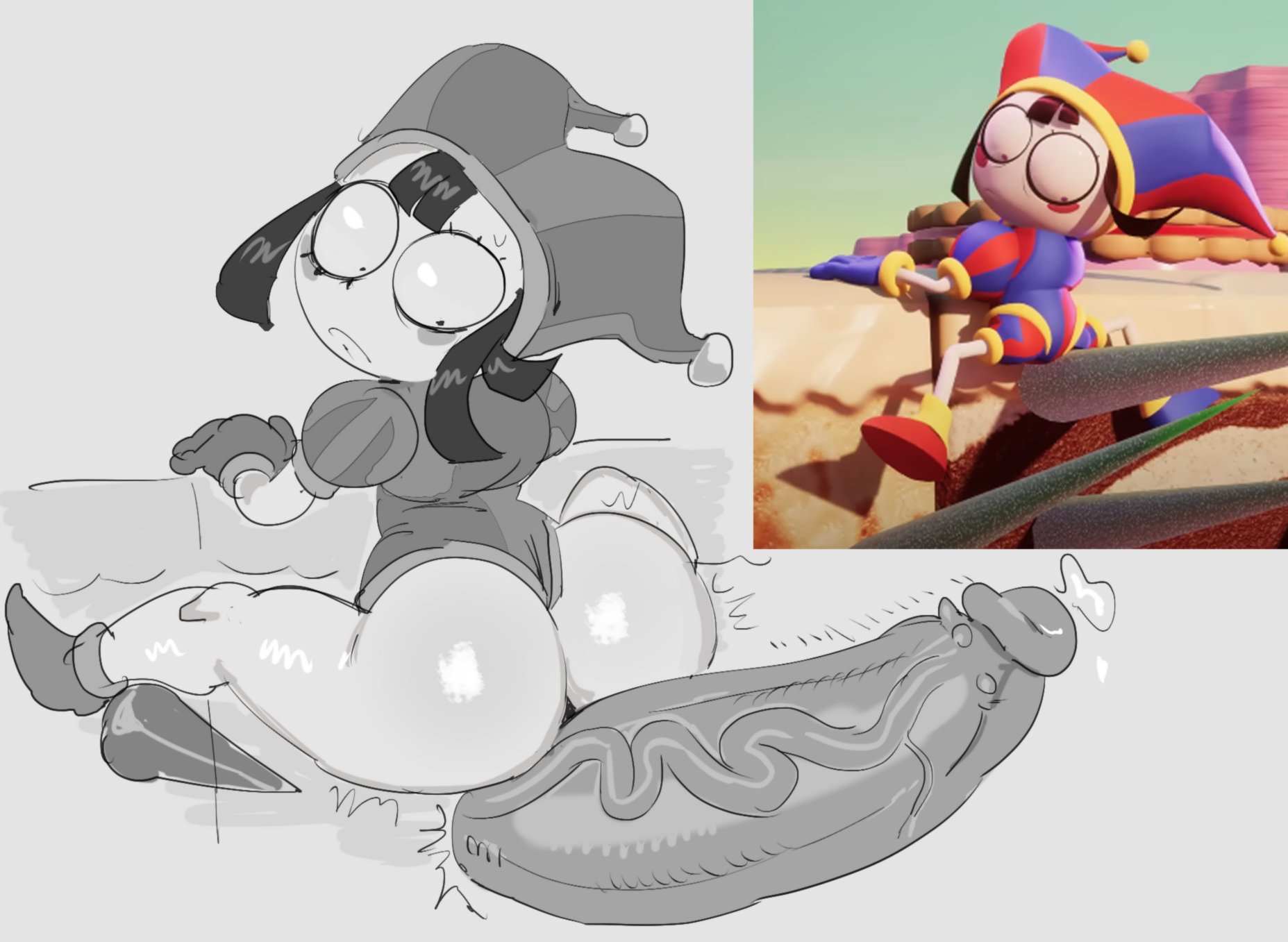 1girls, 2d, ass, big ass, big penis, breadcatta, female, glitch productions, male, monochrome, penis, pomni, pomni (the amazing digital circus), reference image, straight, tagme, the amazing digital circus