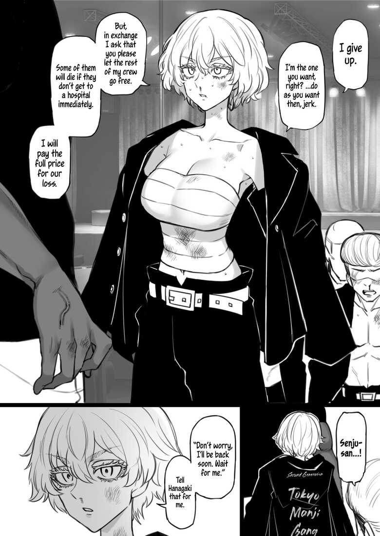 1girls 3boys before_sex big_breasts black_and_white breasts commentary commentary_request delinquent doujinshi english english_text female_focus gangster male/female manga manga_page monochrome non_nude part_1 request sarashi senju_kawaragi terasu_mc tokyo_revengers tomboy translated