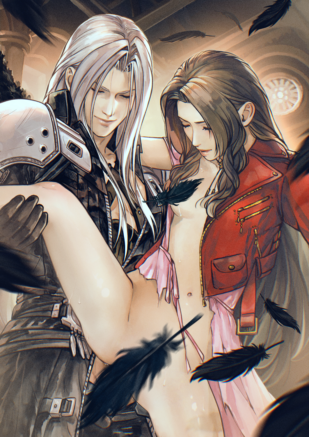 1boy aerith_gainsborough armor belt black_coat black_feathers black_gloves breasts brown_hair closed_eyes closed_mouth coat commentary couple dress elena_ivlyushkina english_commentary falling_feathers feathers feet_out_of_frame female final_fantasy final_fantasy_vii final_fantasy_vii_rebirth final_fantasy_vii_remake gloves grey_hair hand_on_another's_leg highres indoors jacket kay-i leg_up long_bangs long_hair navel open_clothes open_dress open_jacket parted_bangs parted_lips pink_dress red_jacket sephiroth sex shoulder_armor sidelocks small_breasts spread_legs stomach straight