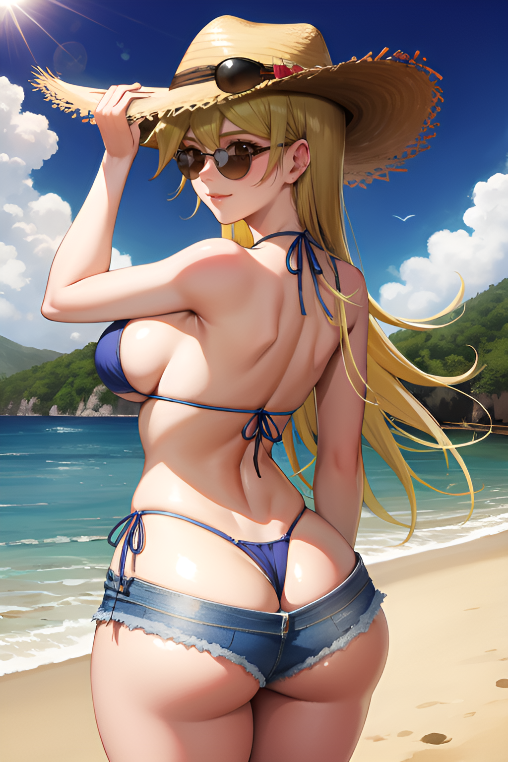 ai generated, alexis rhodes, ass, beach background, bikini, blonde hair, female, female only, hi res, khenai, looking at another, micro shorts, rear view, smile, tenjouin asuka, thick ass, voluptuous, yu-gi-oh!, yu-gi-oh! arc-v, yu-gi-oh! gx