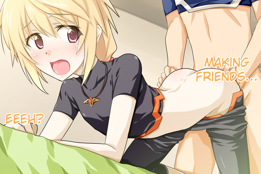 1boy all_fours alternate_breast_size arched_back ass ass_grab bangs bent_over blonde_hair blush bodysuit bottomless charlotte_dunois clothed_sex crop_top crossdressing dimples_of_venus doggy_style female flat_chest from_behind from_side hair hard_translated hidden_curves indoors infinite_stratos jewelry long_hair looking_to_the_side low_ponytail moaning necklace no_panties open_mouth orimura_ichika pants pants_down pants_pull pendant penetration pilot_suit plastic_erazer ponytail purple_eyes raised_eyebrows reverse_trap sex solo_focus spandex standing straight text tied_hair translated turtleneck vaginal_penetration