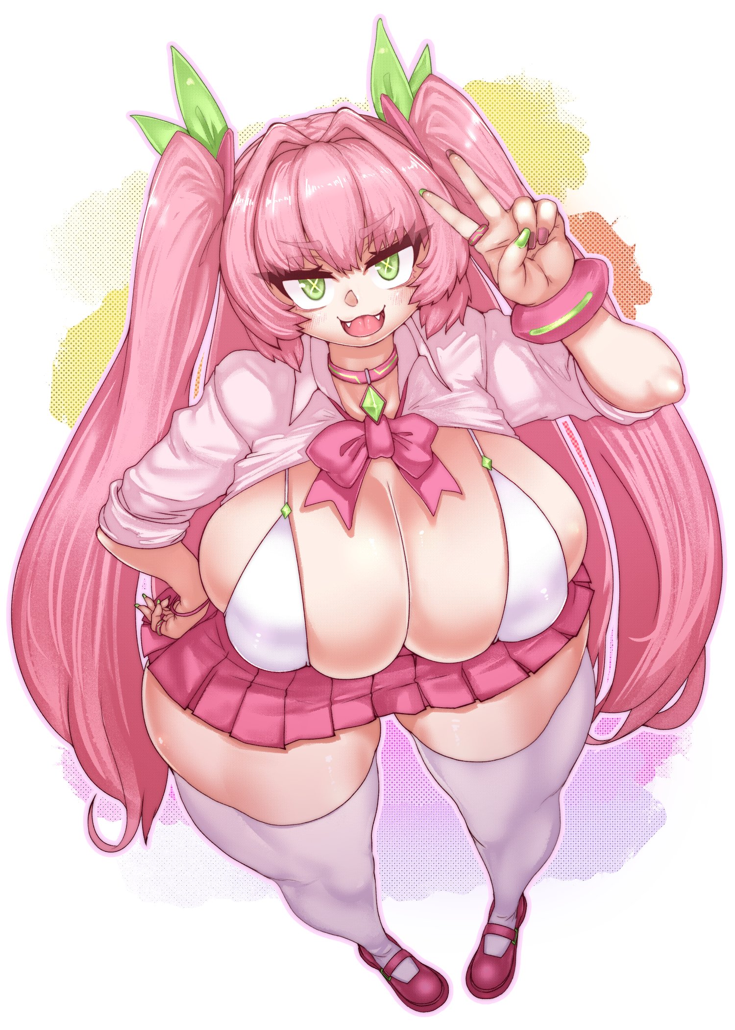 :3, :d, bowtie, bracelets, bratty, breasts, cute fang, cute fangs, female, from above, gigantic breasts, gigantic thighs, green eyes, green nails, gyaru, high-angle view, long twintails, miniskirt, nail polish, painted nails, peace sign, pink hair, pink nails, pink shoes, shirt up, skindentation, skirt, smile, thick thighs, thighhighs, toned, toned female, twintails, v, v sign, venus body, very long hair, white socks, wide hips, x-shaped pupils