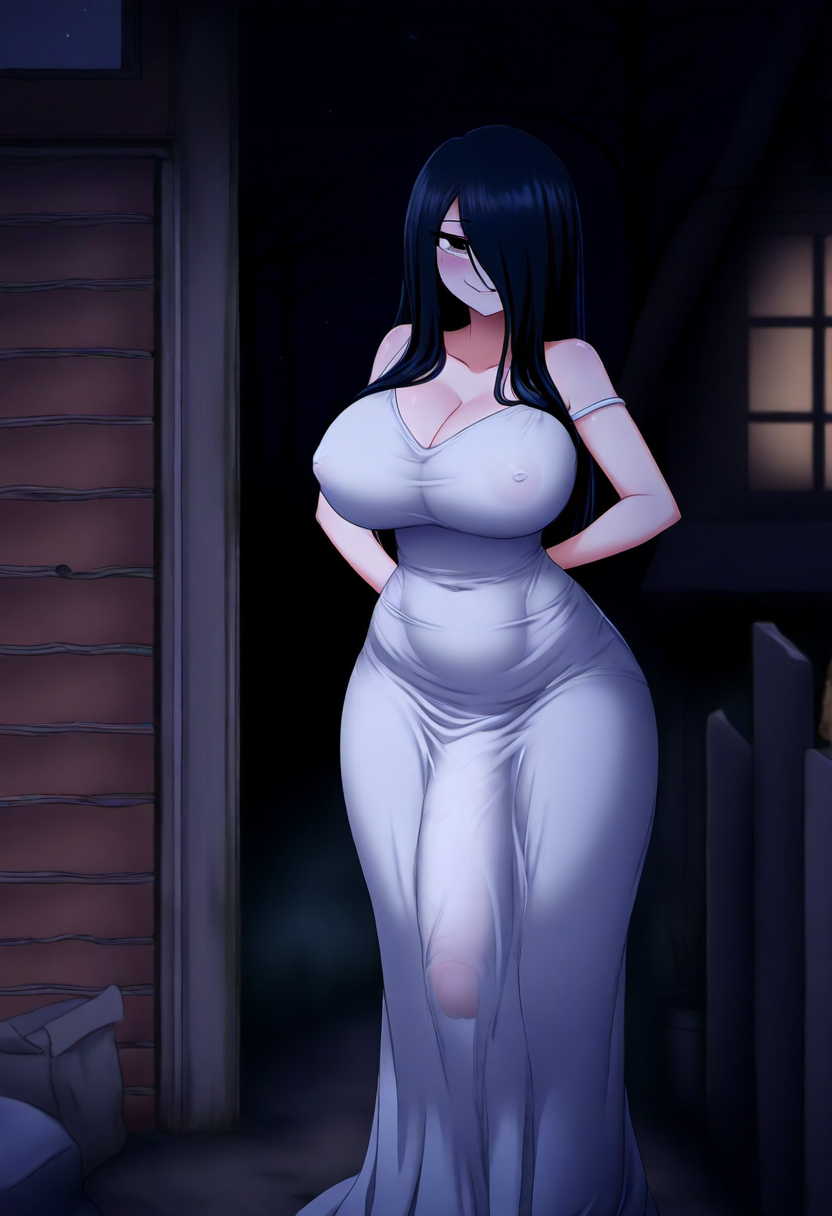 ai generated, black hair, breasts, female, futa only, futanari, ghost, ghost girl, intersex, large breasts, large penis, penis, penis under clothes, solo, timaku