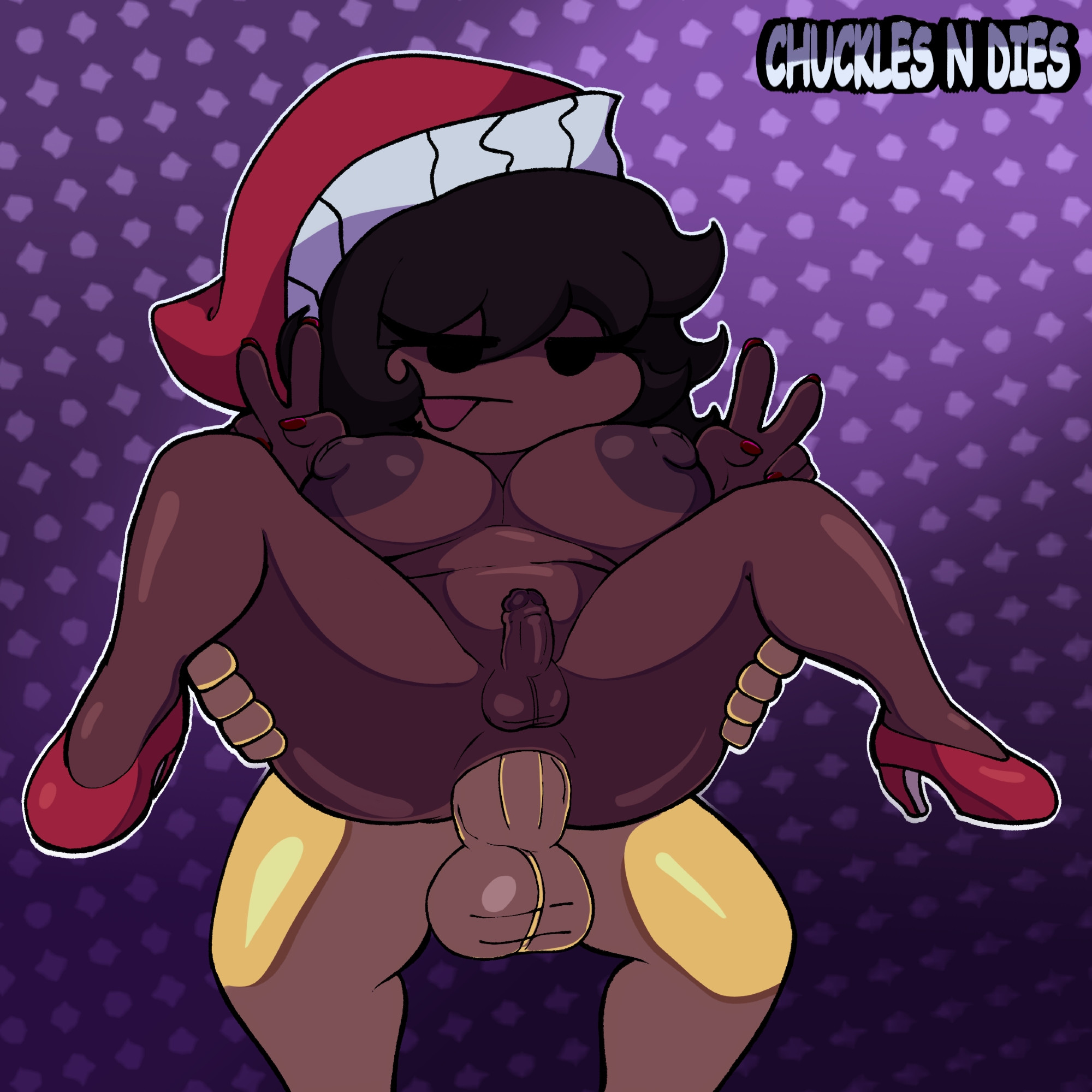 anal, anal sex, big ass, big breasts, big nipples, big penis, cap, cheating, cuckold, curly hair, dark skin, dark-skinned female, donnitro72, friday night funkin, futanari, girlfriend (friday night funkin), grabbing legs, grabbing thighs, hat, hat only, high heels, hypnos lullaby, large breasts, legs apart, lullaby girlfriend (fnf redesign), male on futa, netorare, ntr, peace sign, purple background, red nails, small penis, small penis futa, smiling, thighs, unknown male