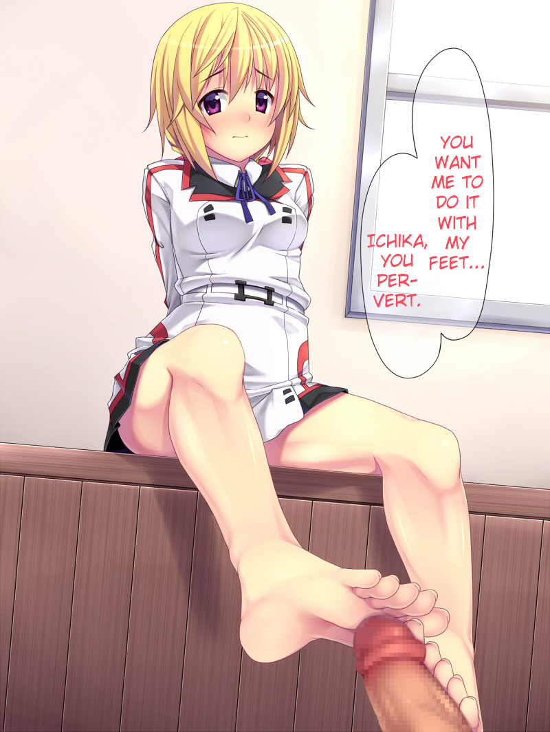 1boy 1girls bangs barefoot blonde_hair blush censored charlotte_dunois dress embarrassed feet female footjob hair hard_translated humiliation indoors infinite_stratos koucha_(nodoka-123) long_legs looking_at_viewer medium_breasts mosaic_censoring penis pov_feet purple_eyes short_hair sitting soles solo_focus text thighs toes translated uniform window