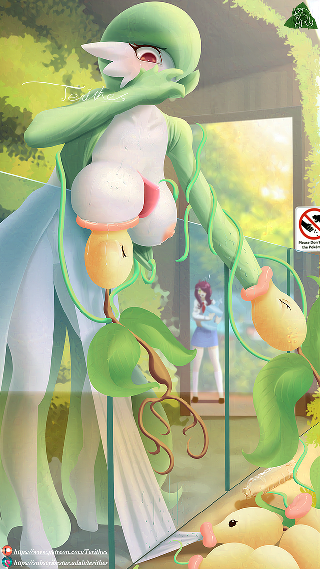 artist_name bangs bellsprout blush bob_cut breast_squish breast_sucking breasts breasts_out colored_skin covered_mouth covering_mouth day full_body gardevoir green_hair green_skin hair_over_one_eye hand_up huge_breasts interspecies large_breasts leaning_forward long_hair long_sleeves looking_at_another looking_down multicolored_skin multiple_girls nipples one_eye_covered open_mouth outdoors patreon_logo patreon_username plant pokemon pokemon_(species) pokephilia questionable_consent red_eyes short_hair signature standing sweat terithes_(artist) tree two-tone_skin uncensored vine_bondage vine_tentacles vines watermark web_address white_shirt white_skin