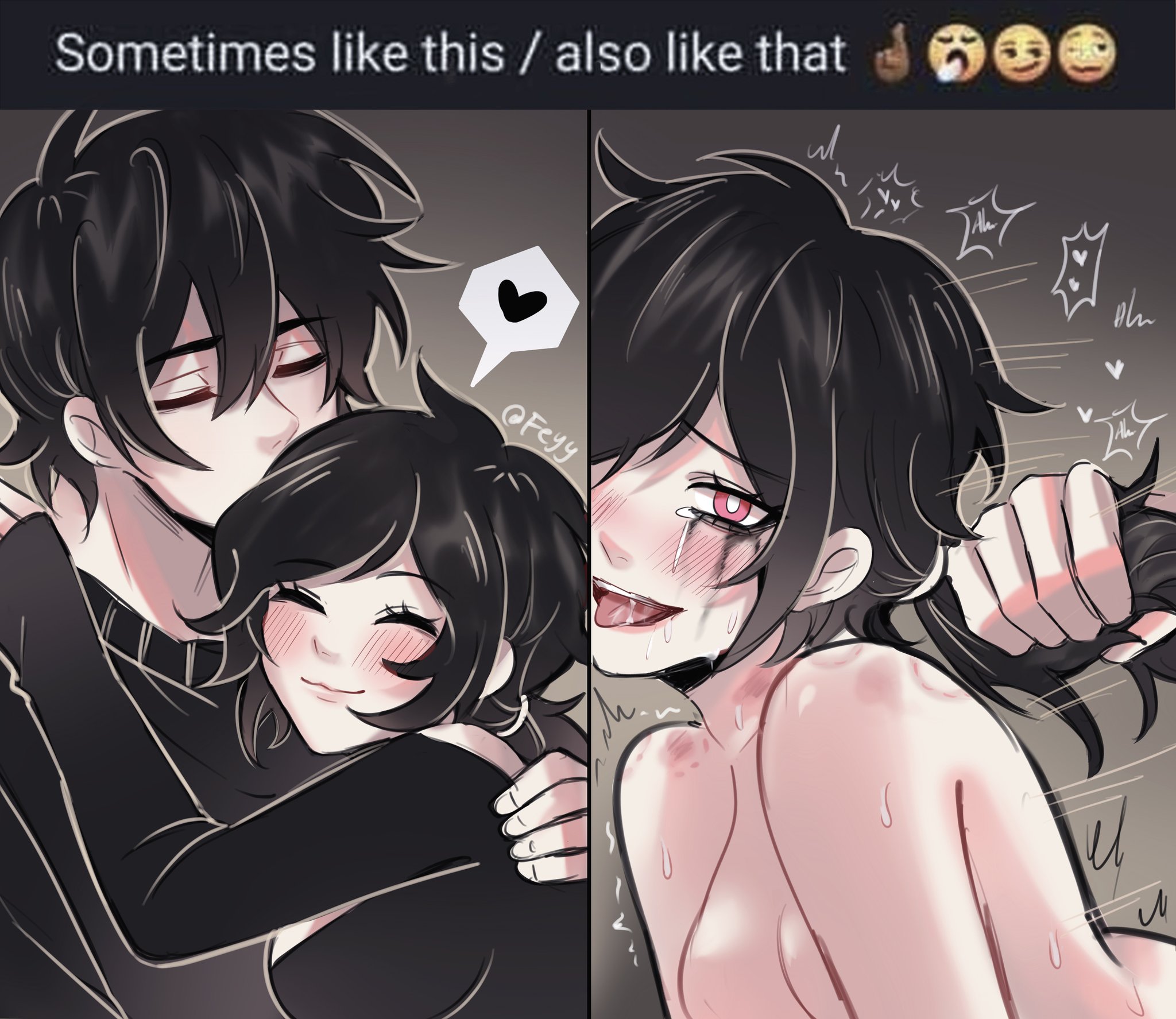 1boy, 1girls, andrew graves, ashley graves, before and after, bite mark, black clothing, black hair, blush, breasts, brother and sister, bruise, closed eyes, female, feyy, hair pull, heart, hugging, incest, male, meme, nude, pink eyes, rough sex, sex, smile, the coffin of andy and leyley