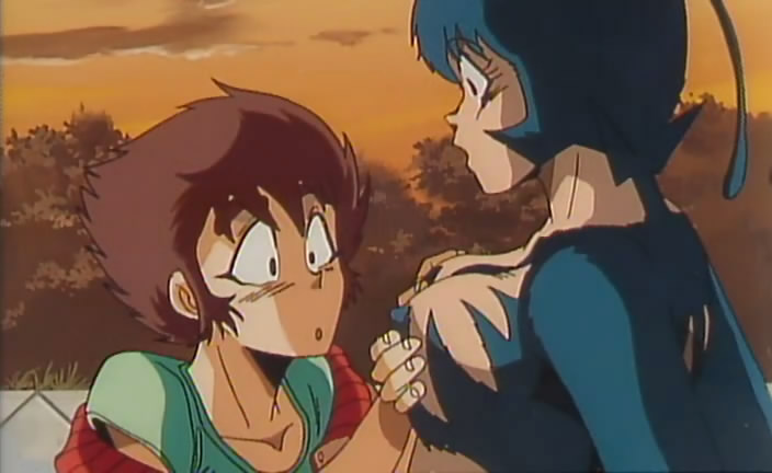 1992 1boy 1girls anime anime_screencap antennae big_breasts breasts dance_mephisto demon demon_girl demoness female fur hanappe_bazooka hanappe_yamada hand_on_breast monster_girl nipples ova screenshot short_hair surprised touching_breast