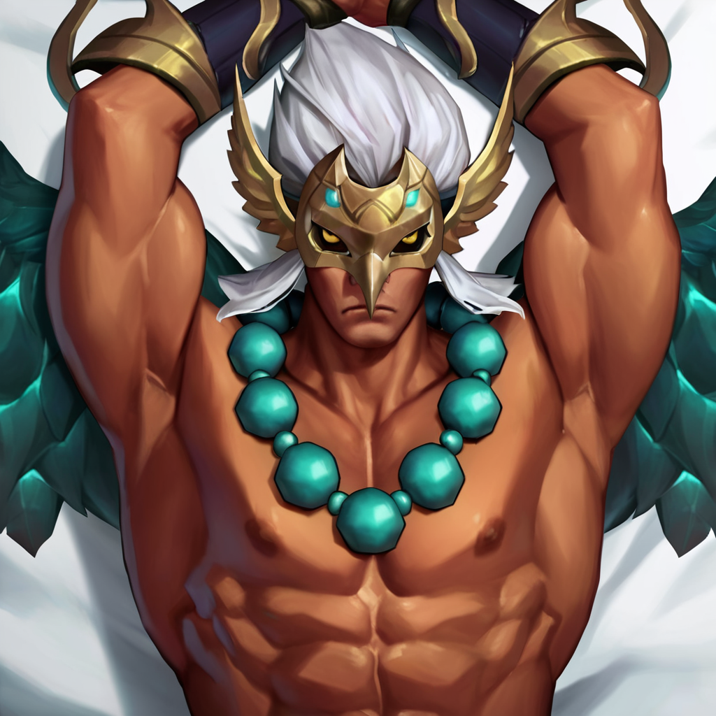 abs ai_generated armpits hands_above_head inviting kaja_(mlbb) lying_on_back male male_only mlbb mobile_legends mobile_legends:_bang_bang muscles nipples solo solo_focus stable_diffusion