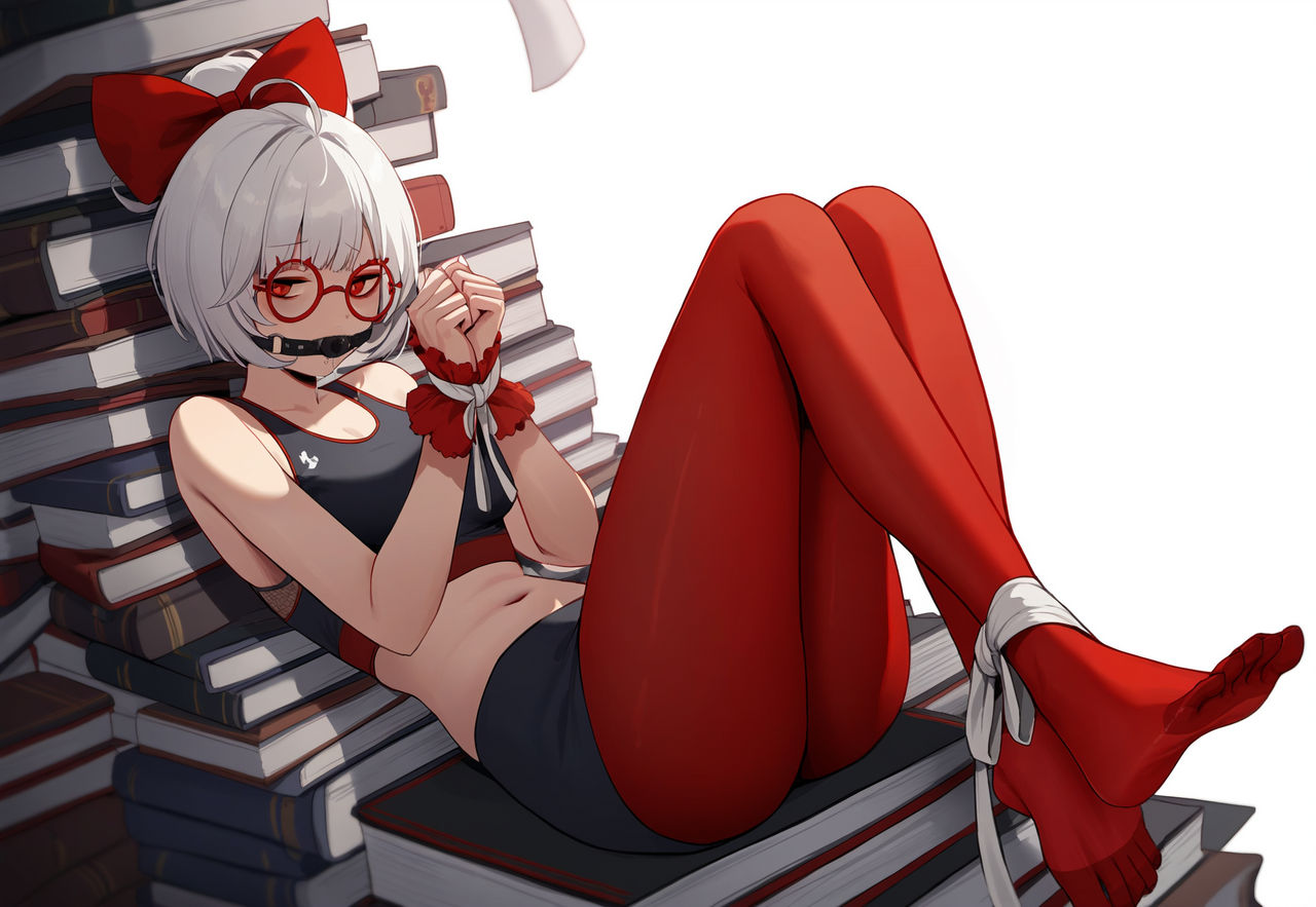 ai generated, ball gag, blackjackmacbastard, bondage, books, bound ankles, bound wrists, female, gag, gagged, hair ribbon, looking at viewer, megane, purah, purah (tears of the kingdom), red eyes, tears of the kingdom, the legend of zelda, white hair